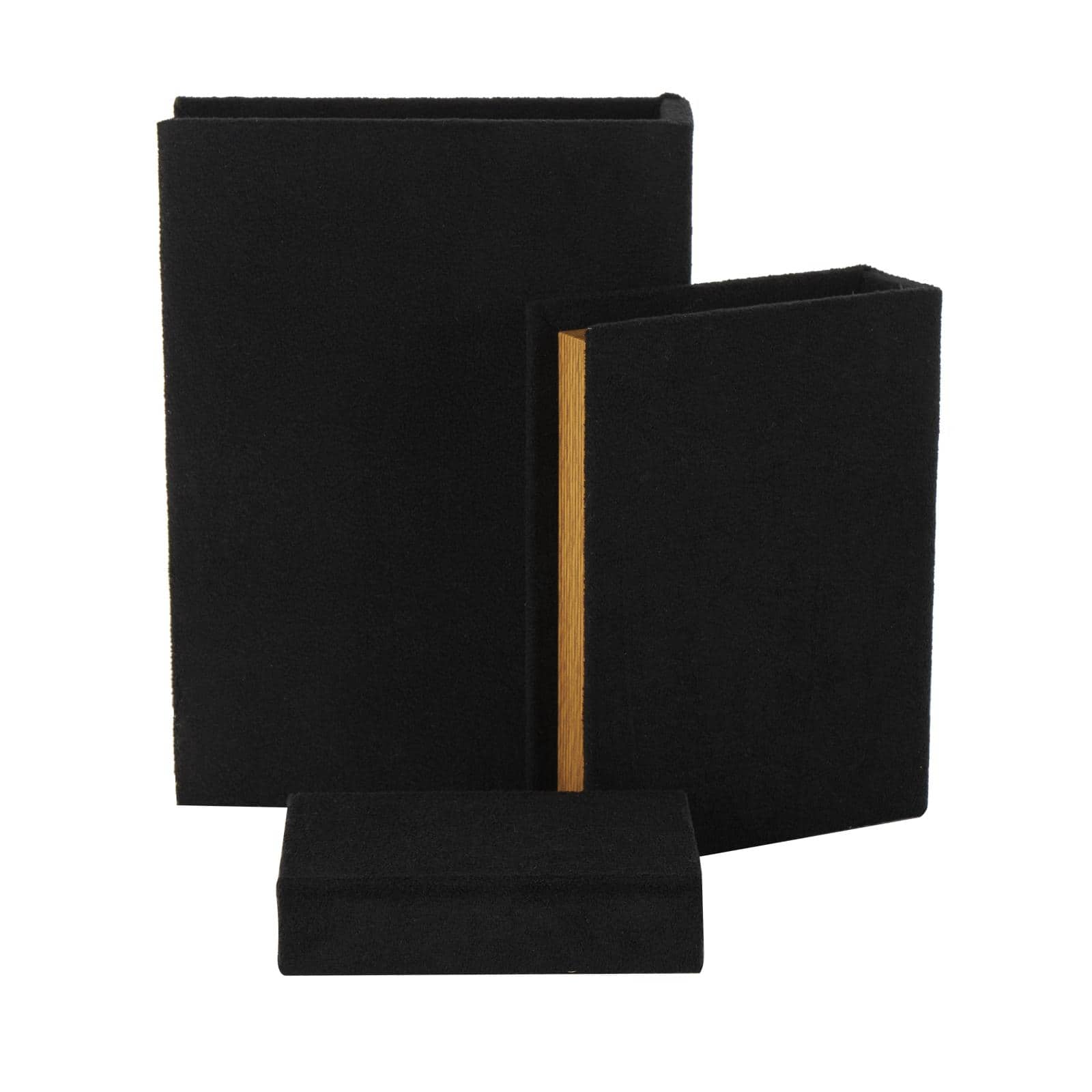 Black Velvet Textured Decorative Book Box with Gold Page Detailing, 3ct.