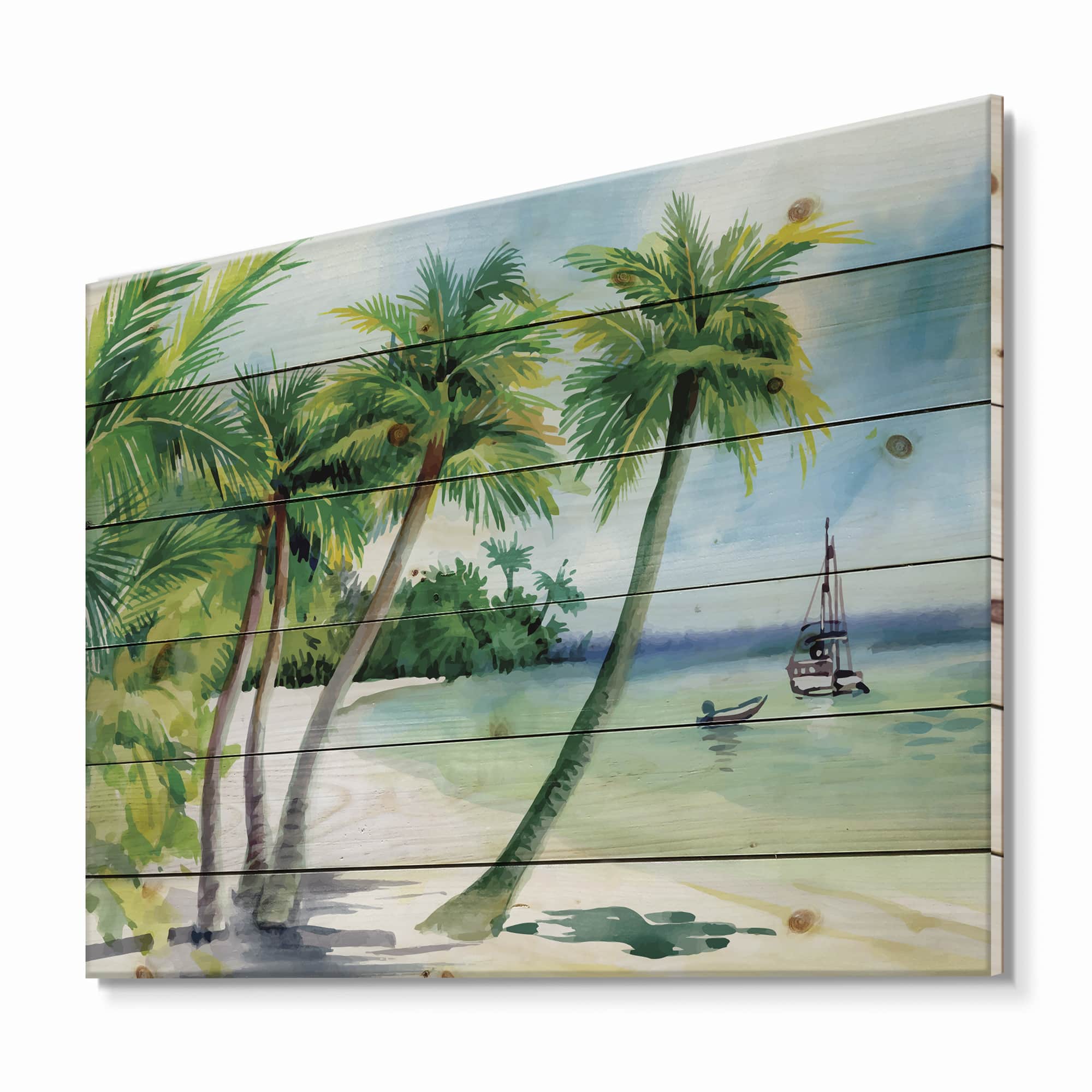 Designart - Summer Beach With Palm Trees - Nautical & Coastal Print on Natural Pine Wood