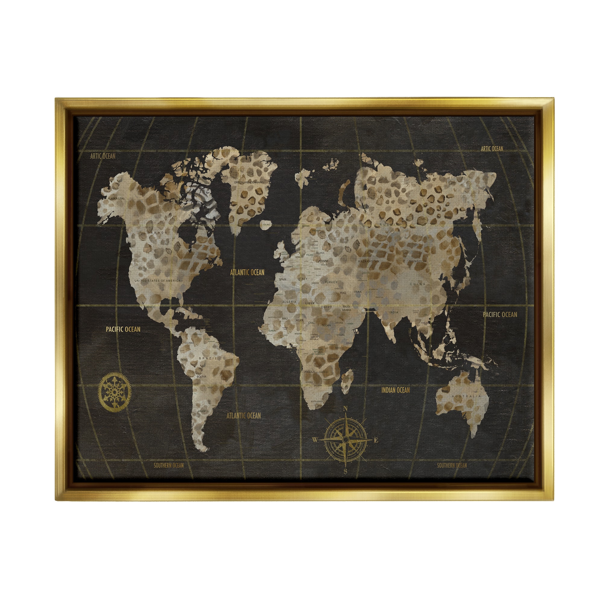 Stupell Industries Giraffe Animal Pattern Atlas Map Compass Framed Floater Canvas Wall Art