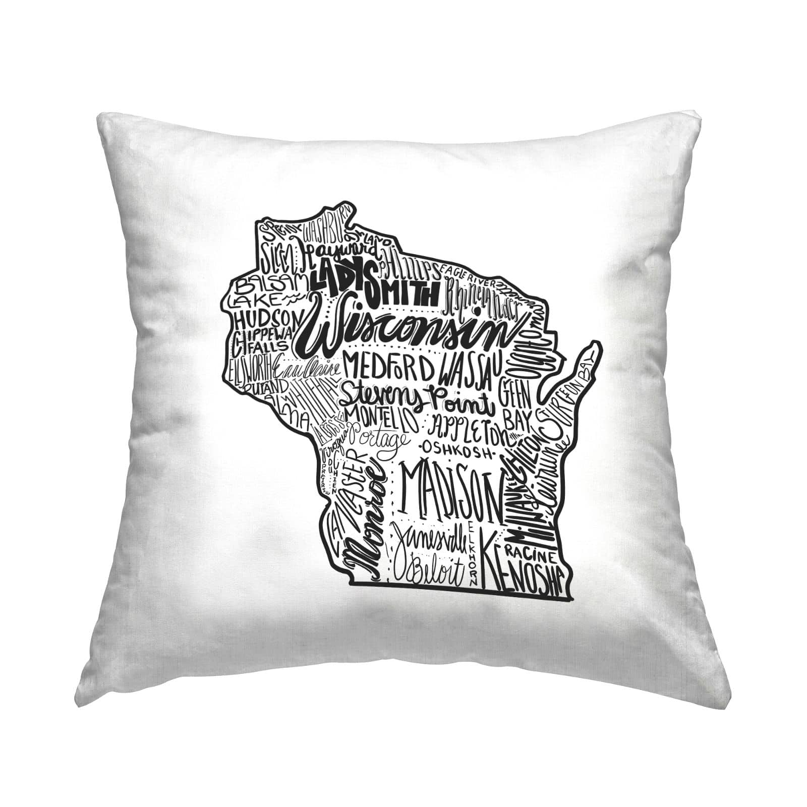 Stupell Industries Wisconsin State Outline Shape Typography Cities Throw Pillow, 18" x 18"