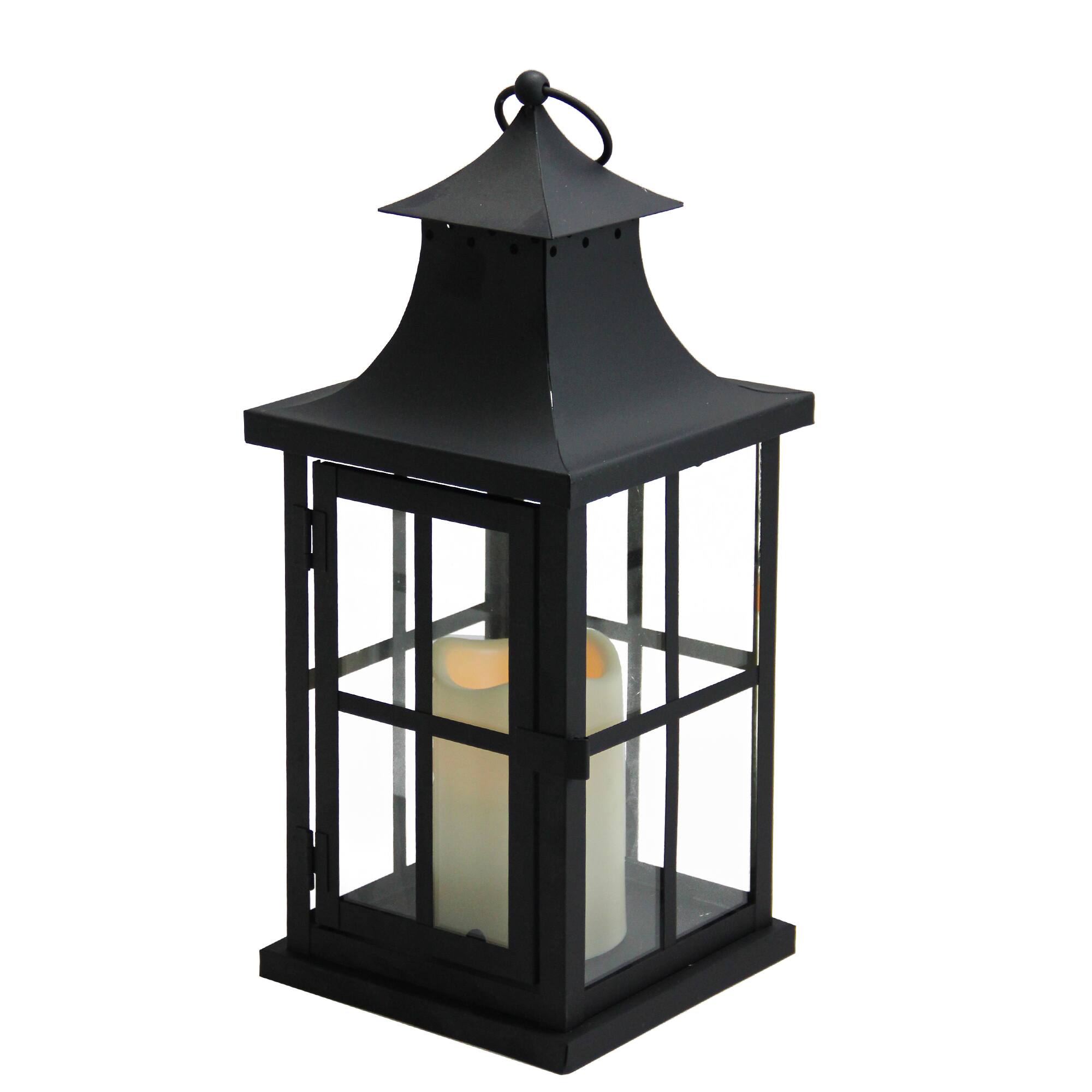 14" Asian Iron Lantern with LED Pillar Candle, Black
