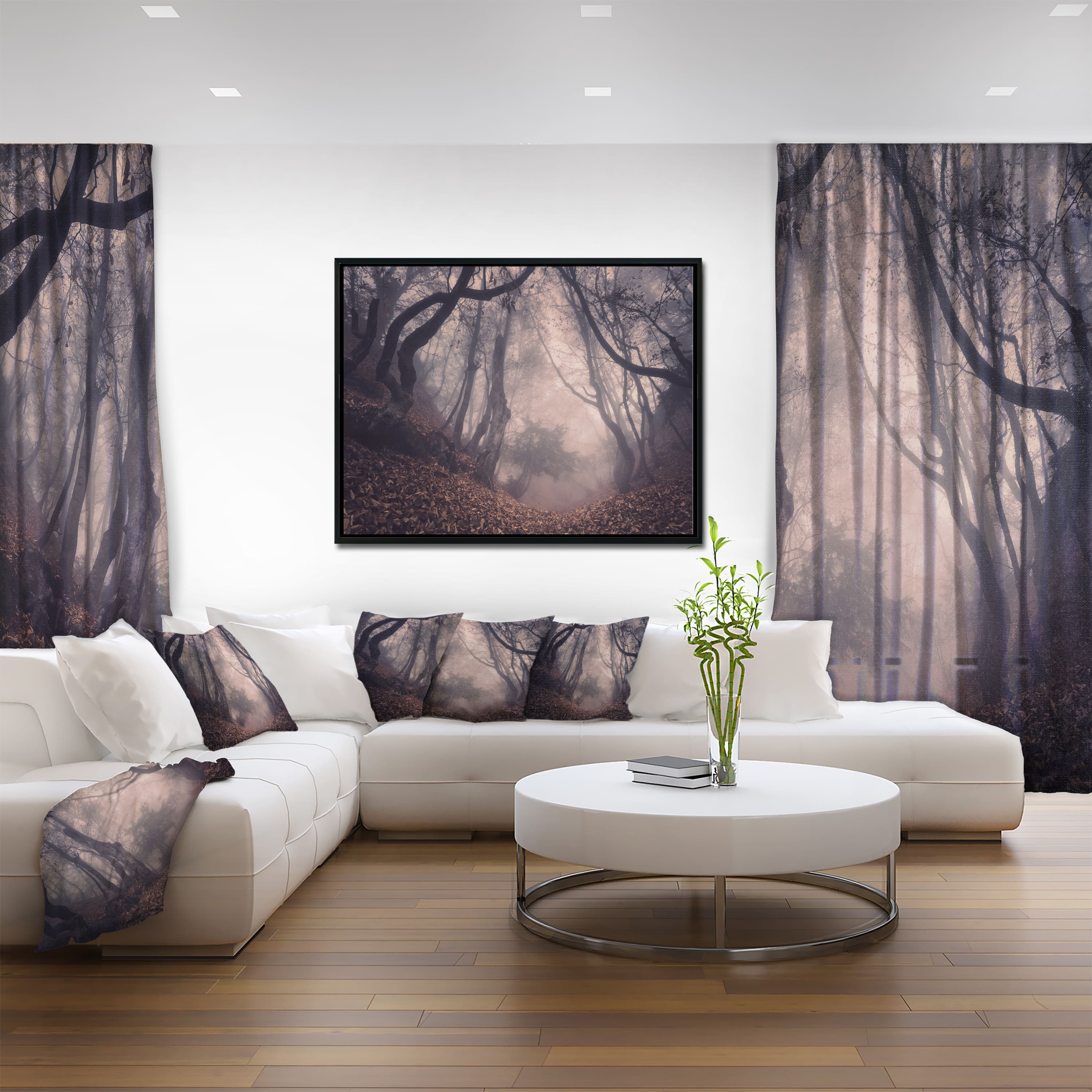 Designart - Vintage Foggy Forest Trees - Landscape Photography Canvas Print in Black Frame