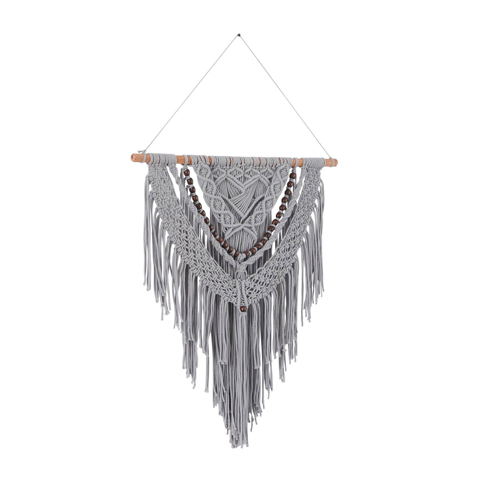 Gray Cotton Handmade Intricately Weaved Macrame Wall Decor with Beaded Fringe Tassels 27" x 1" x 42"