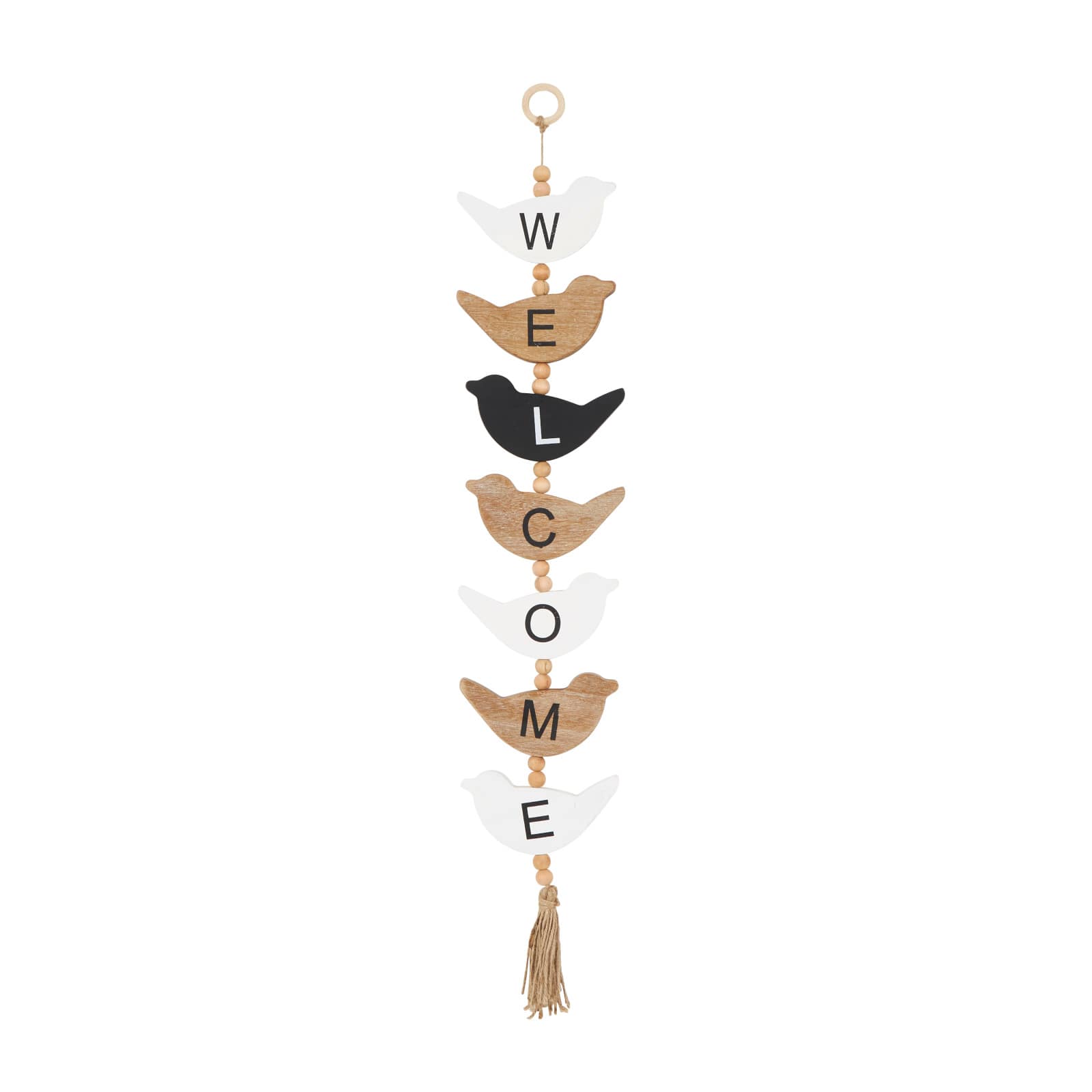 7" x 42" Handmade Black Wood Bird Welcome Sign Wall Décor with Tassel & Bead Accents