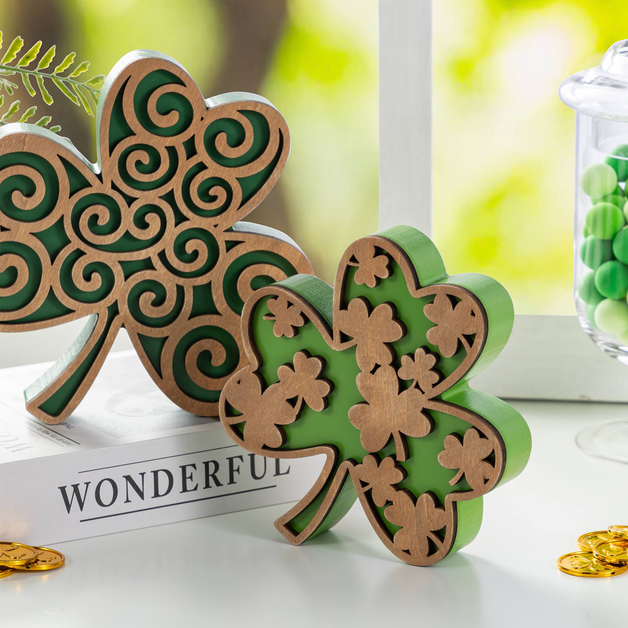 Glitzhome® Set of 2 St. Patrick's Wooden Shamrock Table Decor