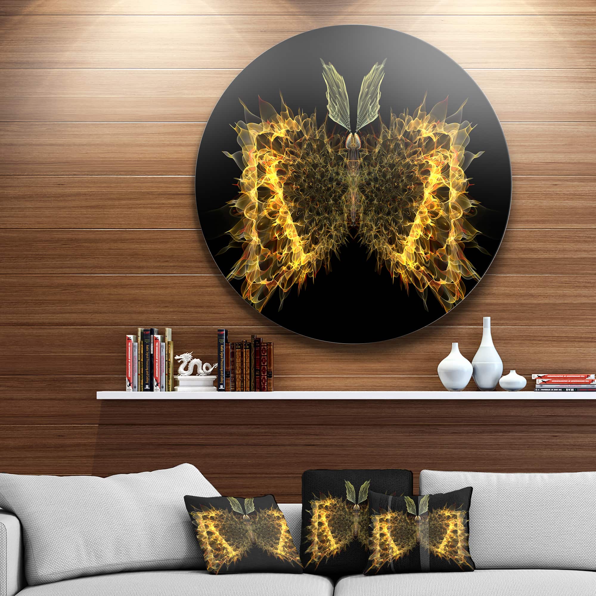 Designart - Golden Fractal Butterfly in Dark' Abstract Circle Metal Wall Art