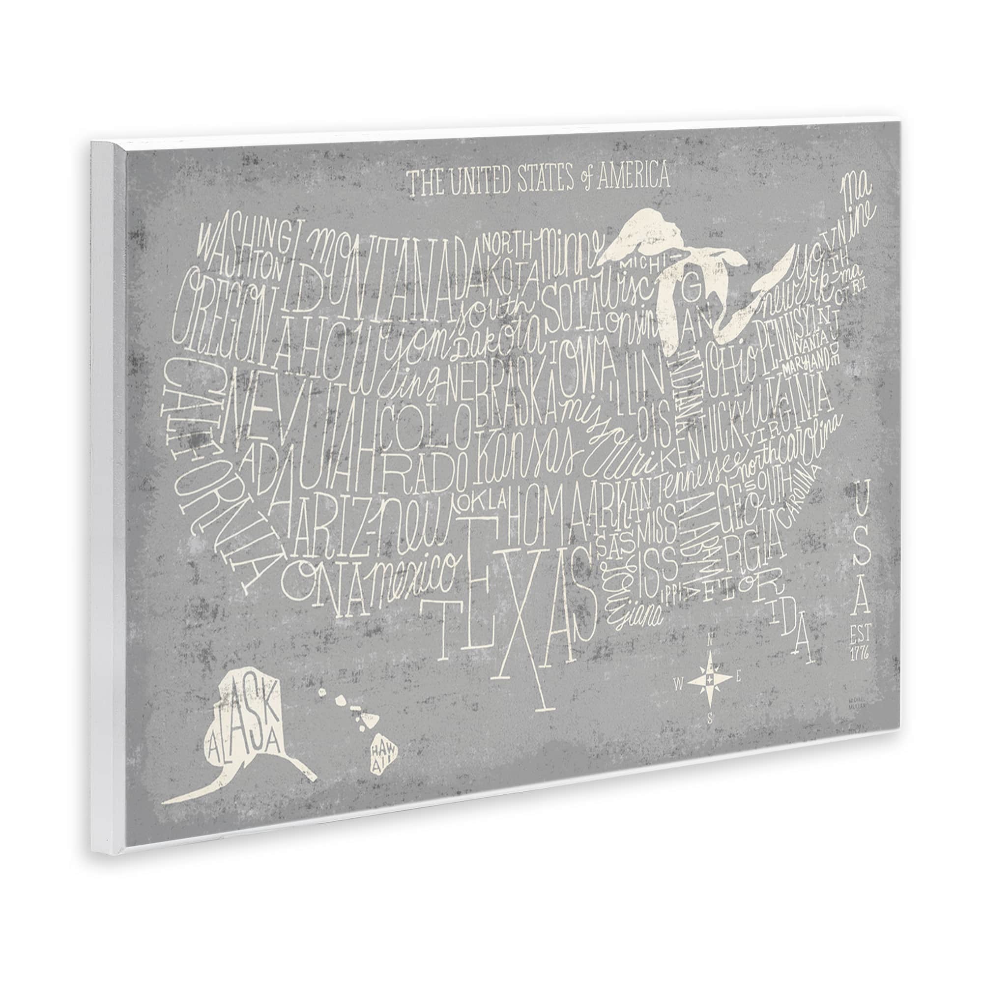 Stupell Industries Grey Distressed US Map Playful Typography Wall Plaque Art