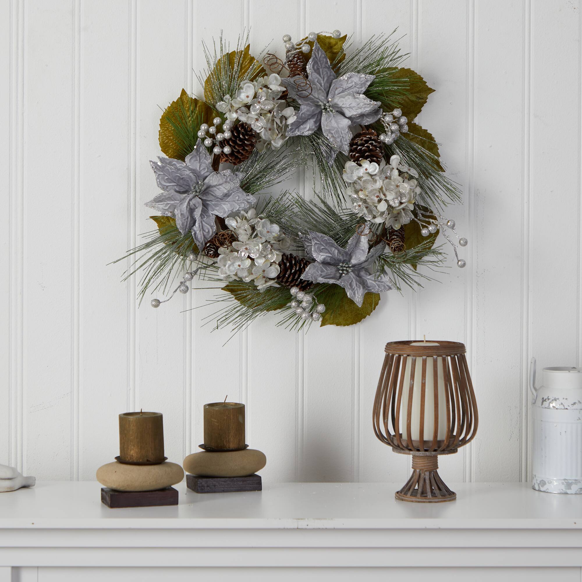 24" Silver Poinsettia, Hydrangea & Pinecones Artificial Christmas Wreath