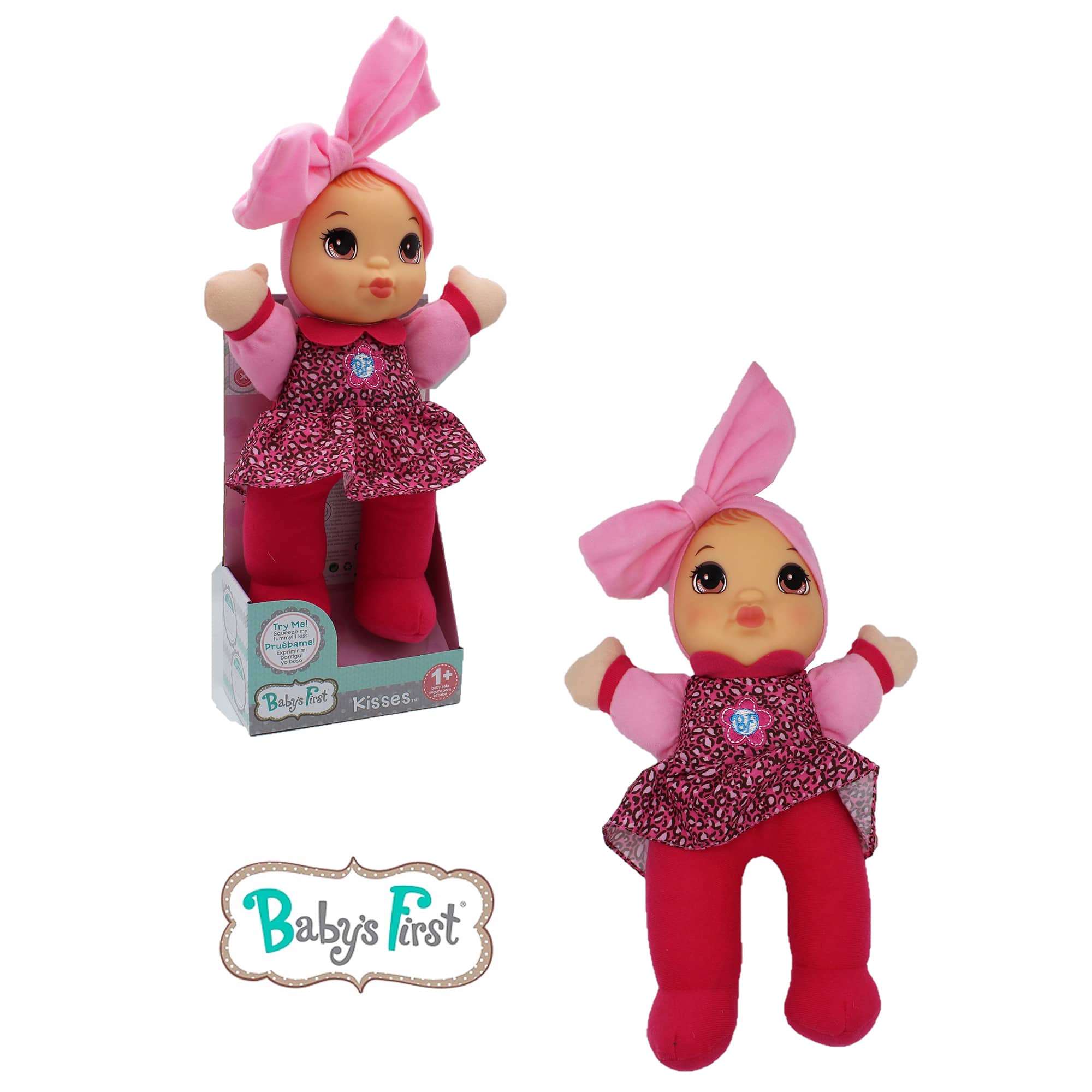 Goldberger Baby's First® Kisses™ 13" Bilingual Baby Doll with Leopard Print Shirt