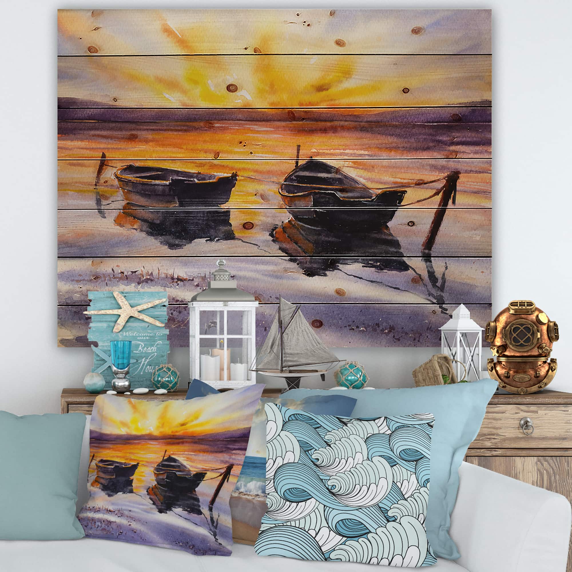 Designart - Sunset and Two Small Boats Parking On The Shore