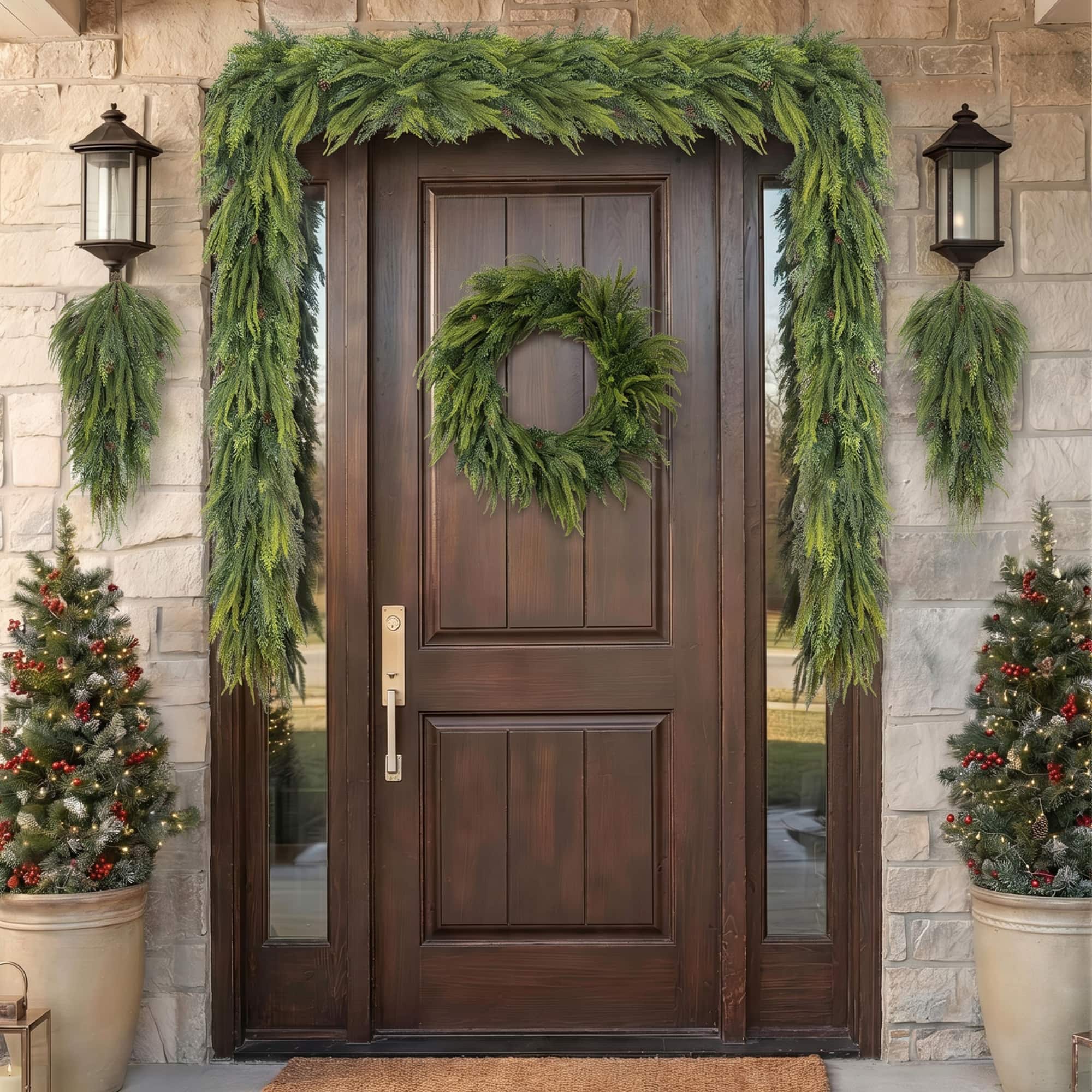 Glitzhome® 6ft. Christmas Full Greenery Mixed PE Dripping Garland with Pinecones, Set of 2