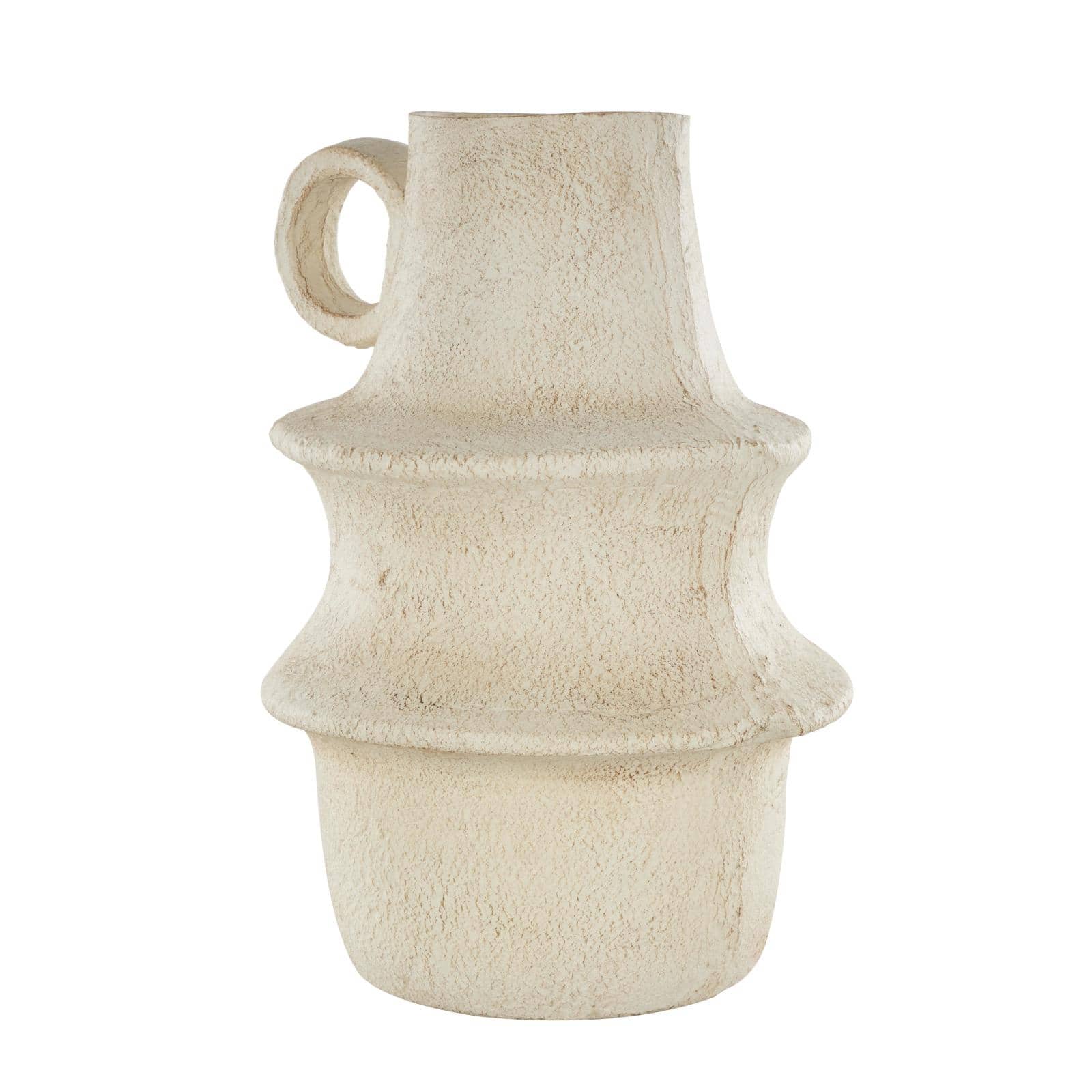 15.25" Cream Textured Paper Mache Fluted Vase with Ring Handle