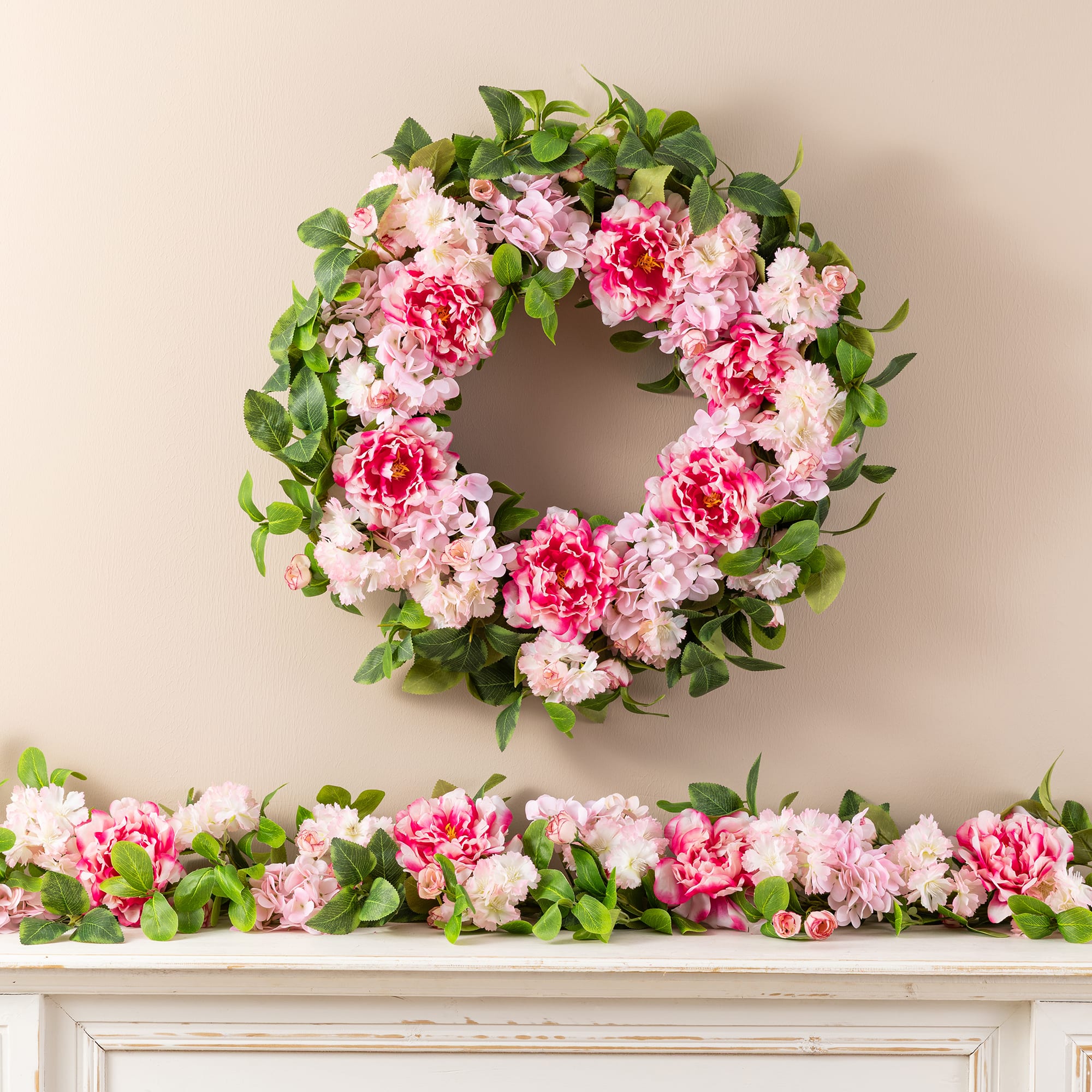 Glitzhome® 24" Pink Hydrangea, Peony & Cherry Blossom Wreath with Black Metal Hanger