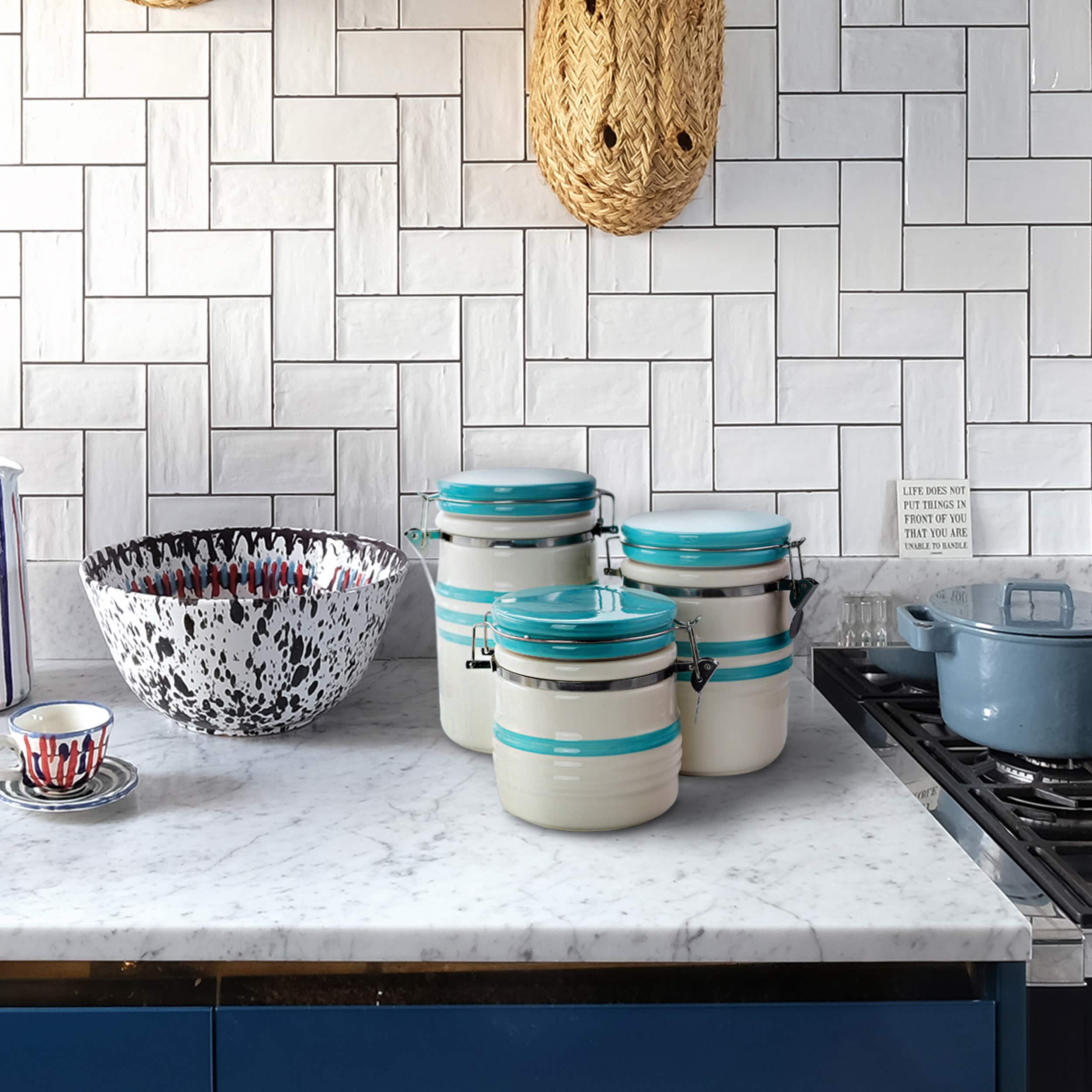 Gibson General Store Hollydale 3 Piece Canister Set in White & Teal Band