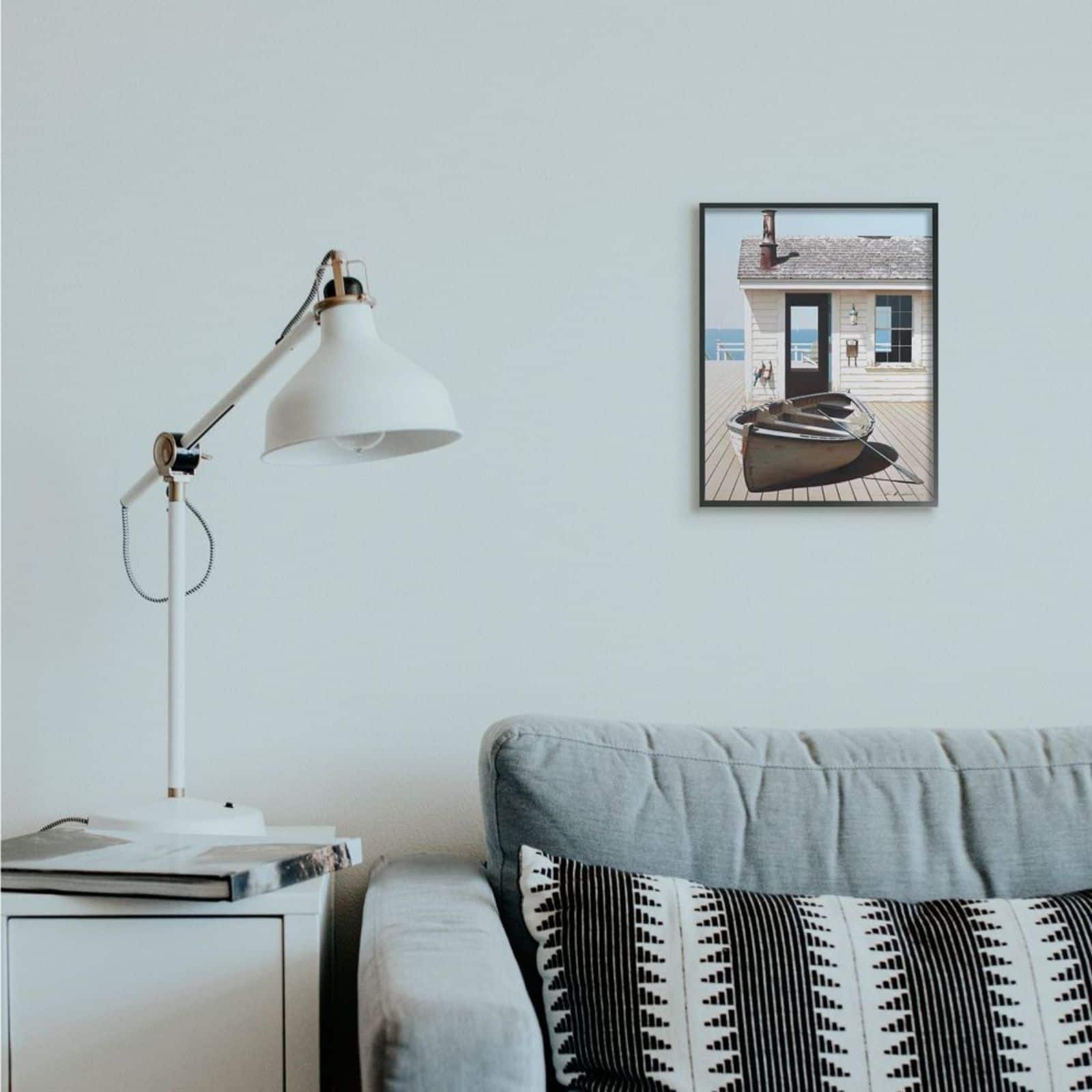 Stupell Industries Boat On Boardwalk Tranquil Coastal Boathouse Black Framed Wall Art