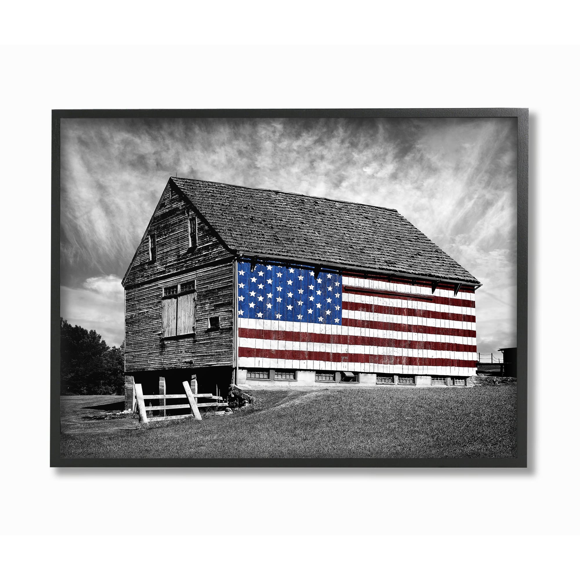 Stupell Industries Black & White Barn with American Flag Wall Art in Black Frame