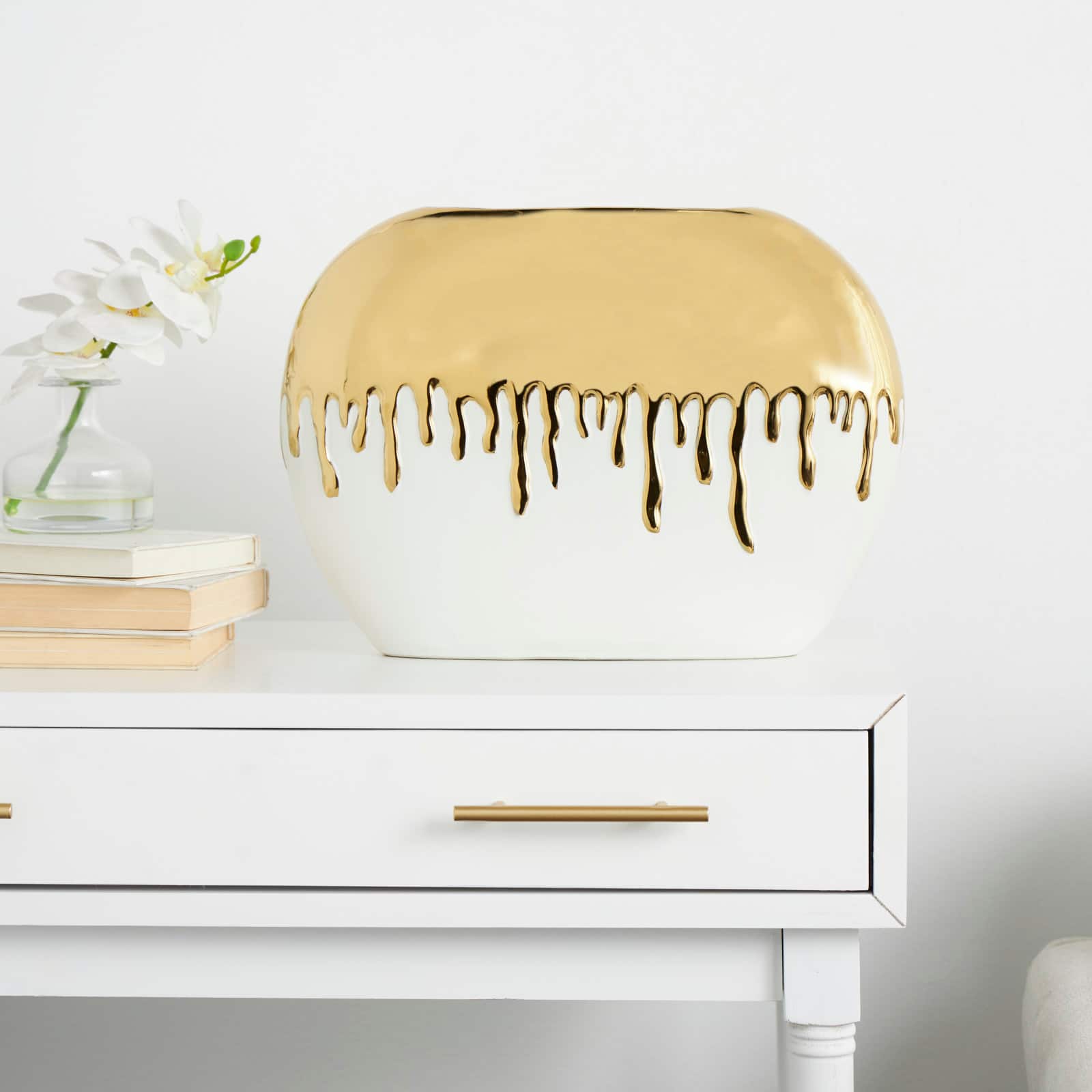 CosmoLiving by Cosmopolitan 16" White Ceramic Vase with Abstract Gold Melting Drips