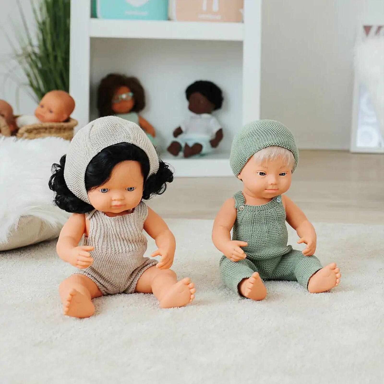 Miniland 15" Green Knitted Overall & Beanie Hat Outfit Doll Clothes