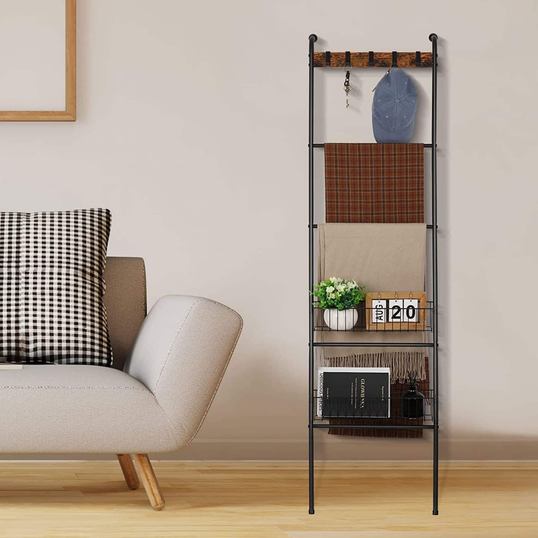 NEX™ 64" Black Blanket Ladder Leaning Towel Holder with 2 Metal Baskets