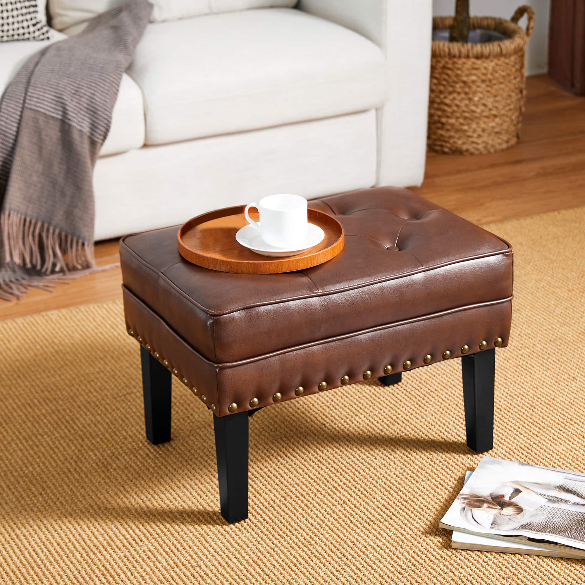 Glitzhome® Mid-Century Modern Leatherette Button-Tufted Accent Stool