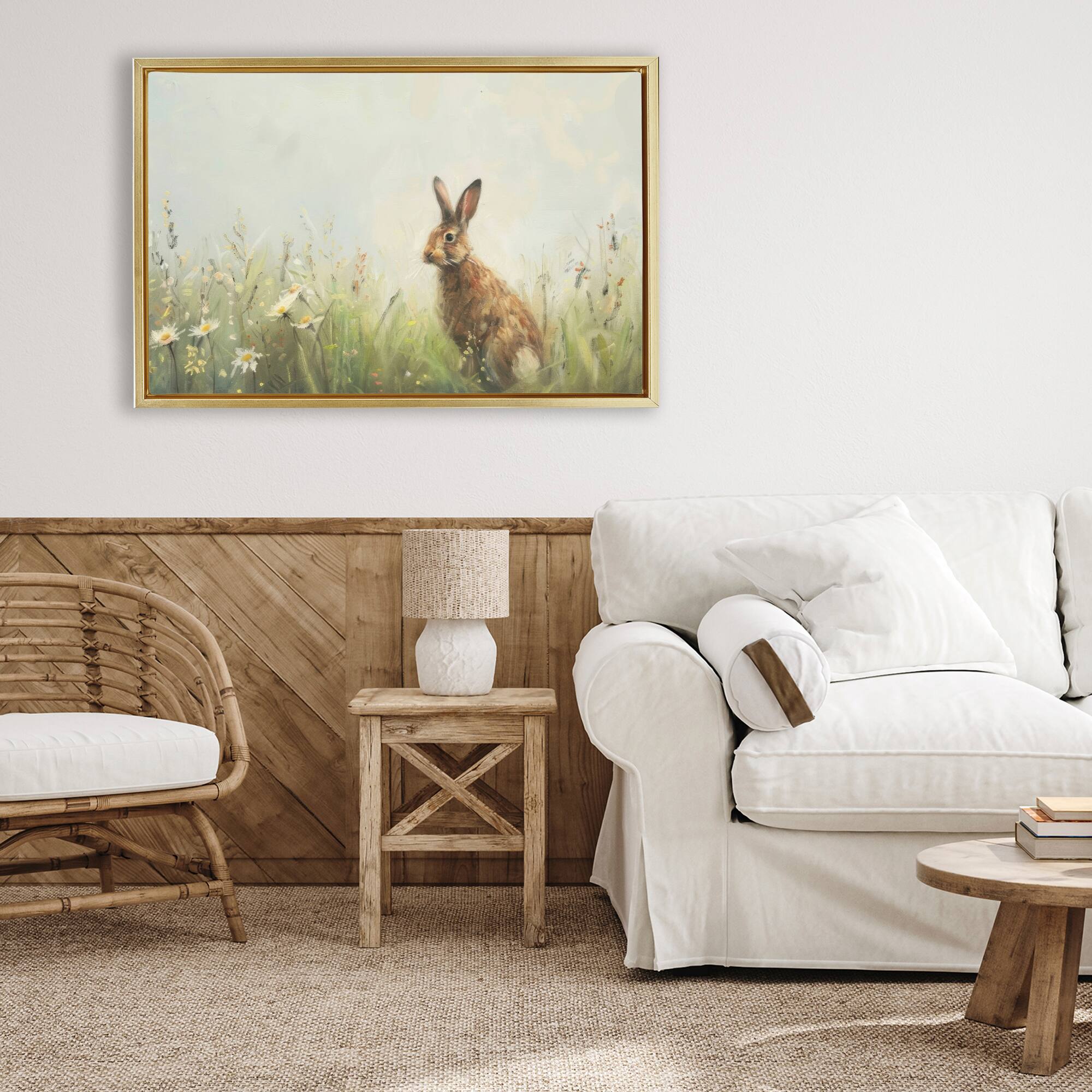 Stupell Industries Brown Rabbit with Daisies Floating Frame Wall Art