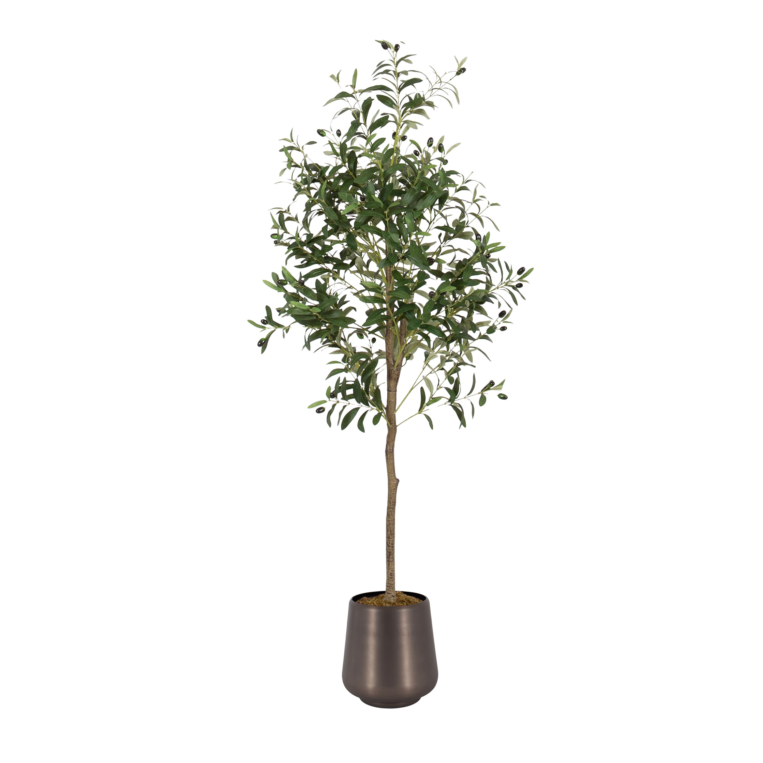 Kate and Laurel 5ft. Green Oliveira Faux Olive Tree with Round Metal Planter
