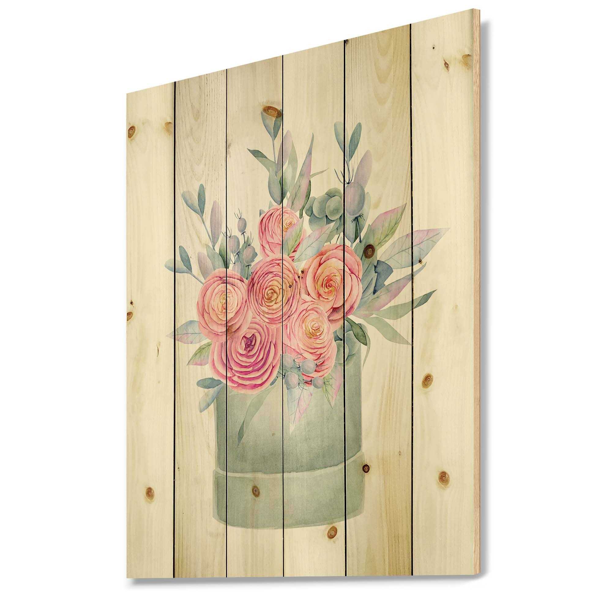 Designart - Gift Box With Pink Roses - Farmhouse Print on Natural Pine Wood