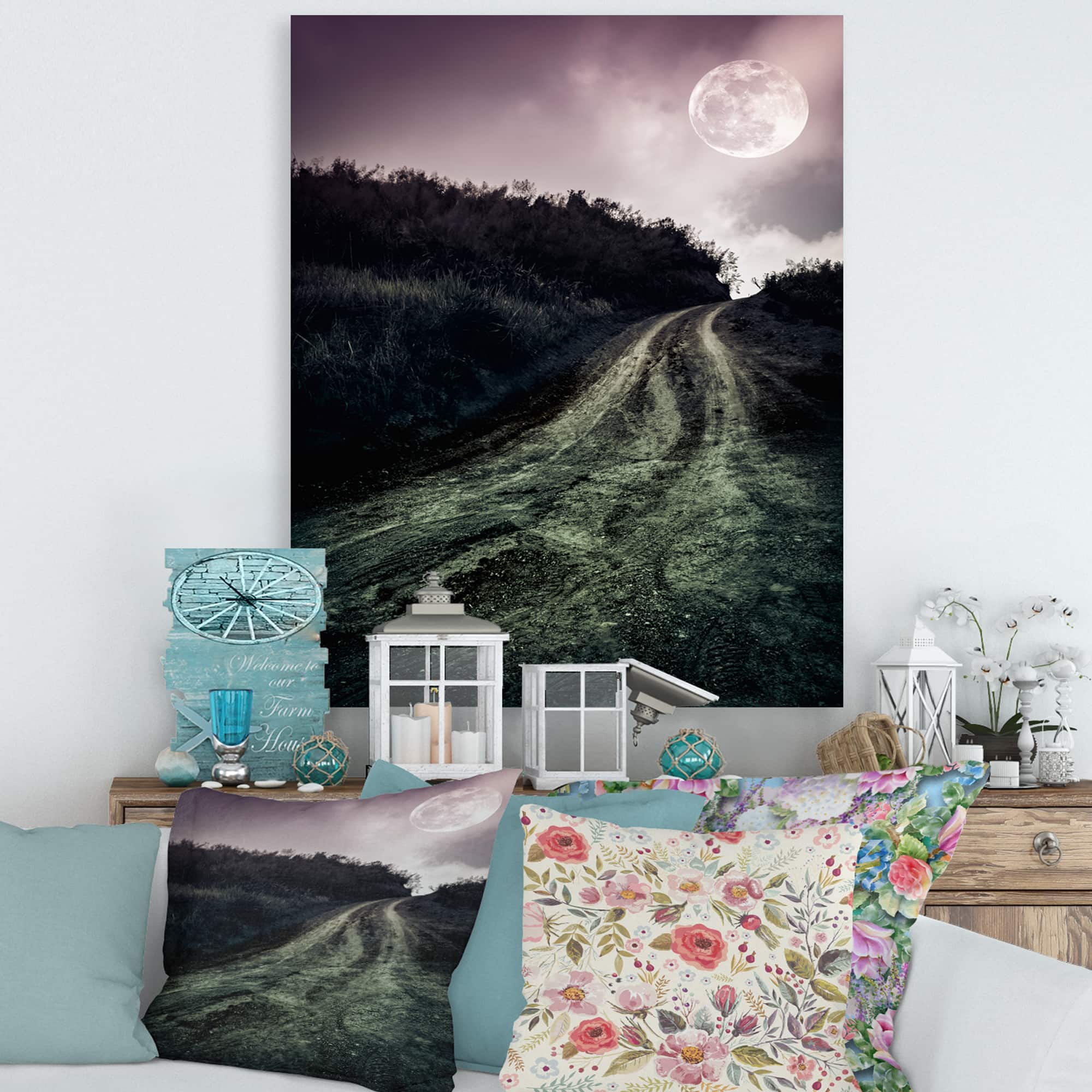 Designart - Muddy Road Under Full Moon - Modern Canvas Wall Art Print