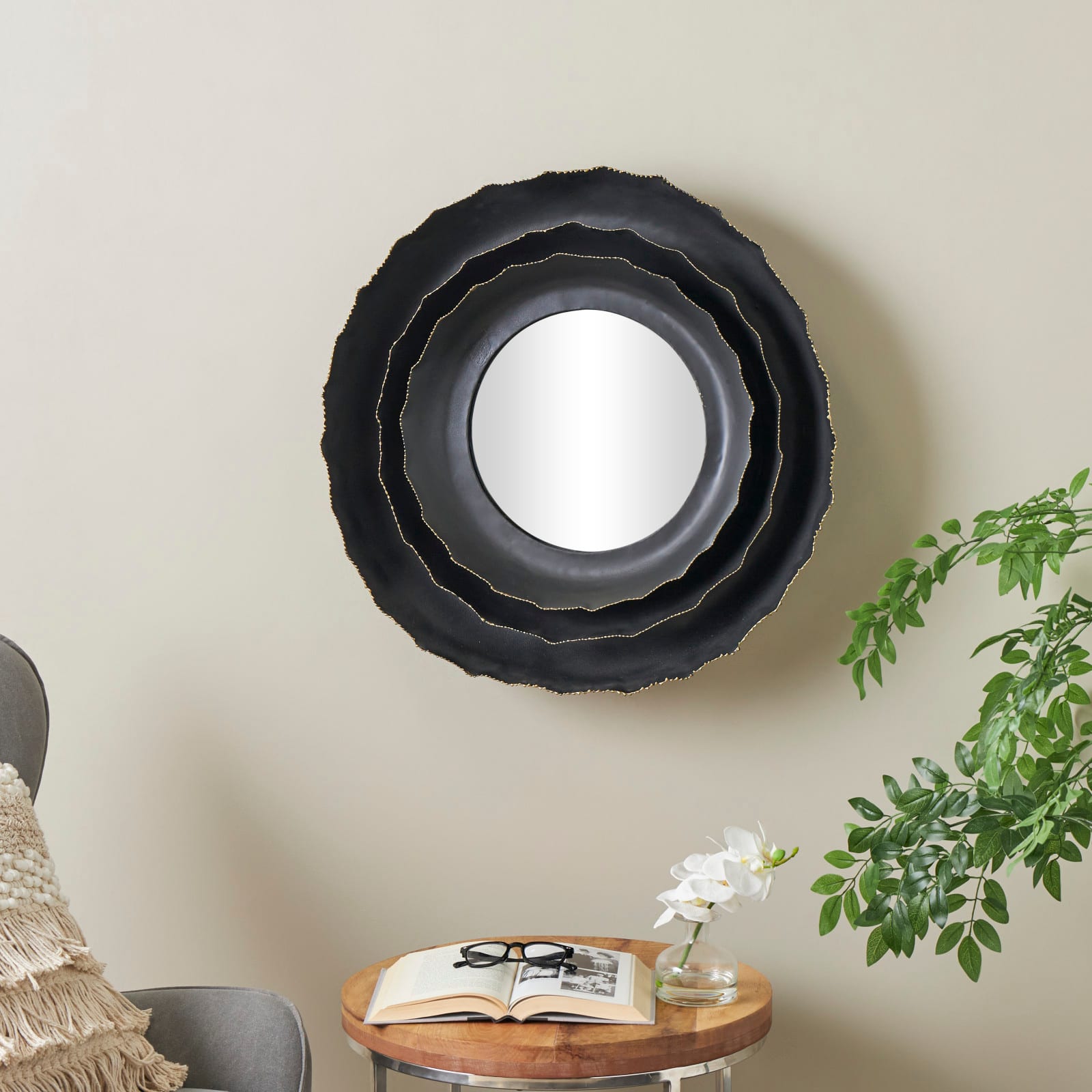 26.75" Black Metal Floral Layered Floral Framed Wall Mirror