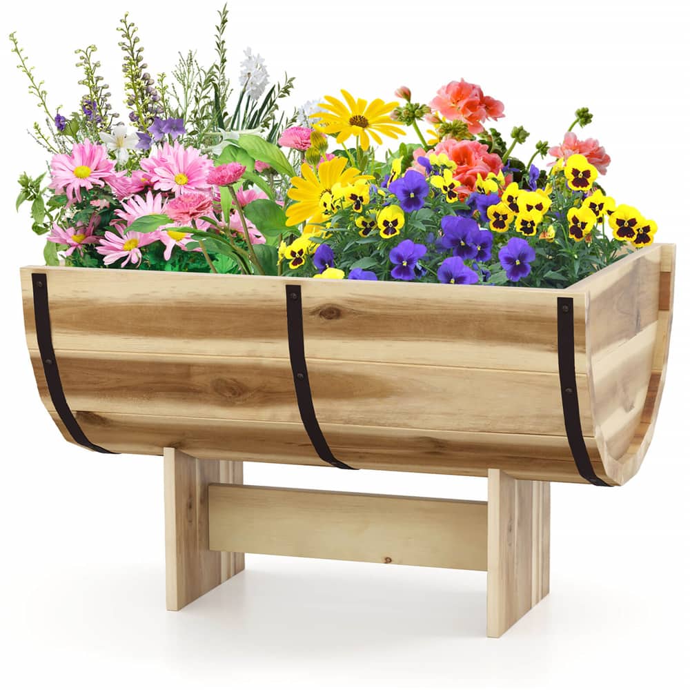 Costway 18" x 12" x 11.5" Solid Acacia Wood Half-Barrel Planter Box with Legs