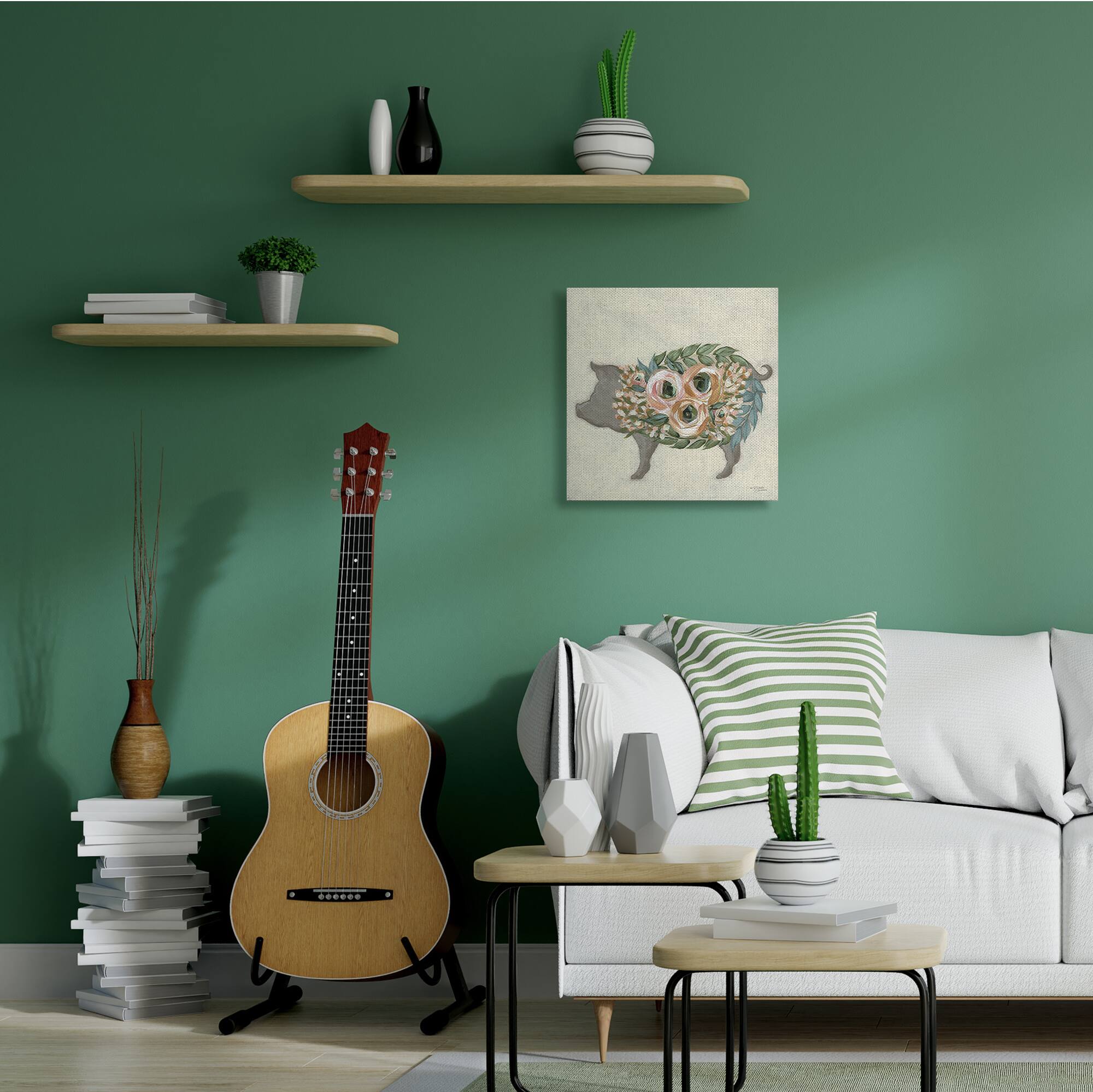 Stupell Industries Charming Farm Pig Green Pink Floral Body Canvas Wall Art