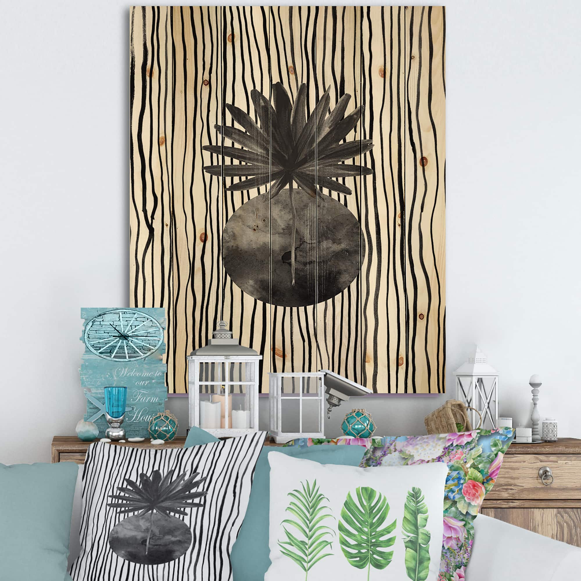 Designart - Black and White Tropical Leaf On Striped I
