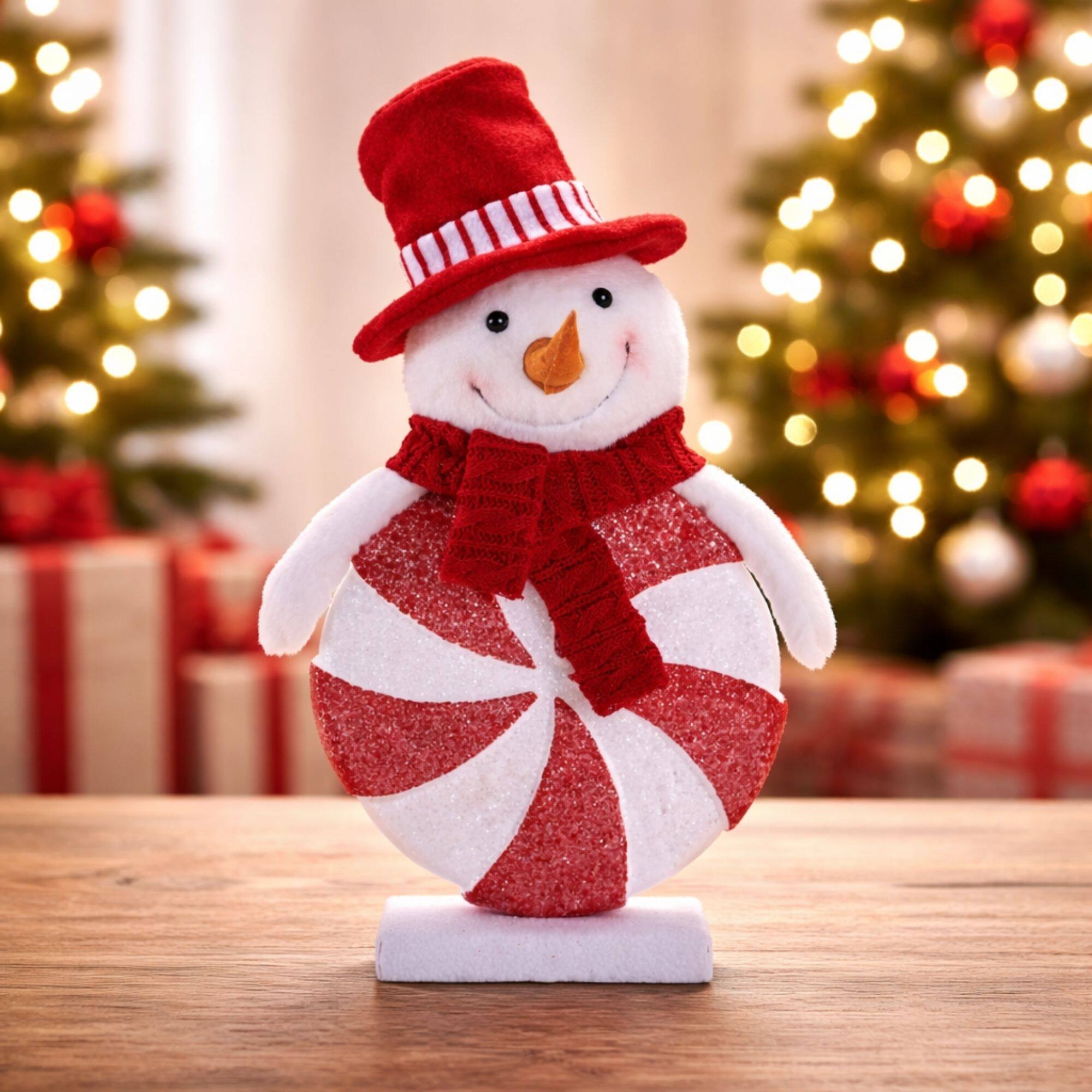 Melrose 12.75" Red & White Peppermint Snowman with Knit Hat Figurines, 2ct.