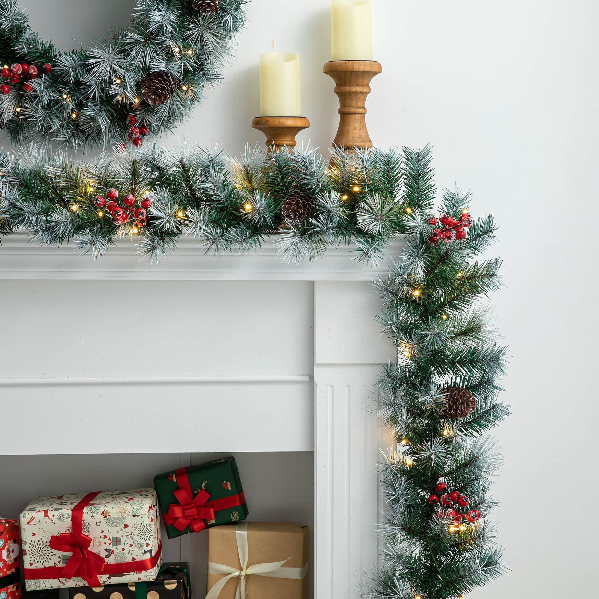 Glitzhome® 2 Pack 9ft. Pre-Lit Greenery Pinecones & Red Berries Christmas Garland