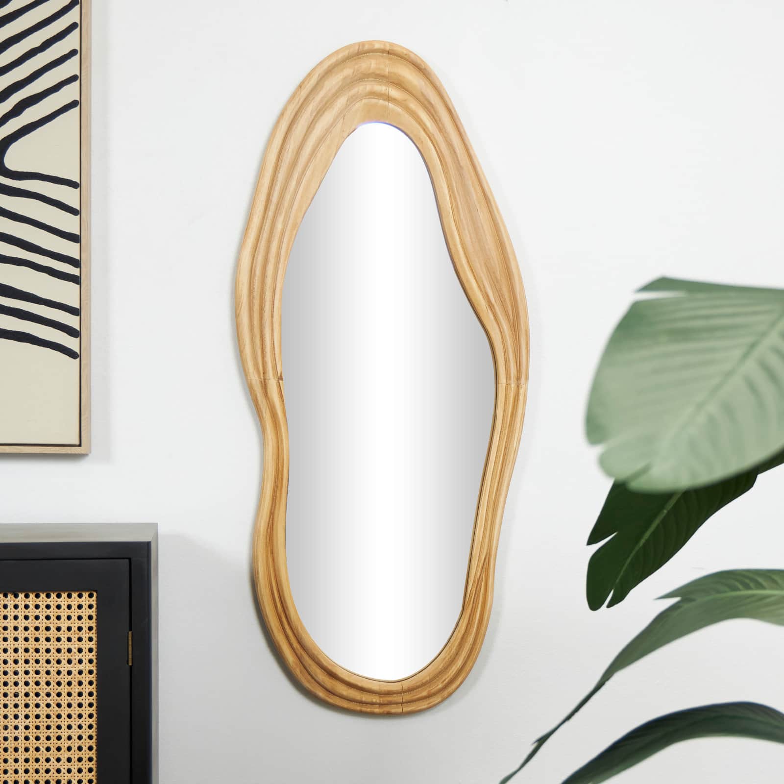 41" Brown Wood Abstract Wavy Wall Mirror with Dimensional Carved Frame