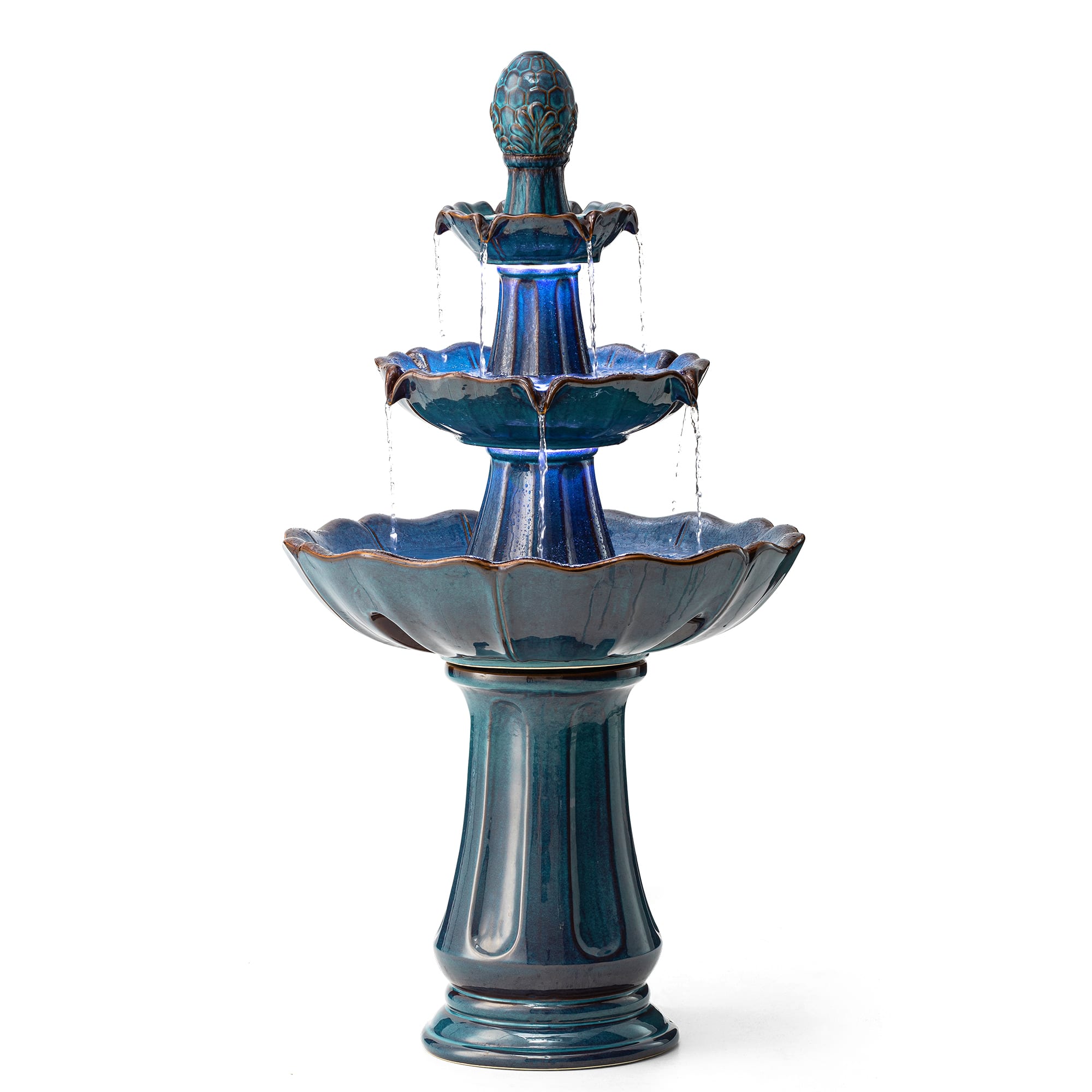 Glitzhome® 45" 3-Tier LED Turquoise Pedestal Lotus Ceramic Outdoor Floor Fountain