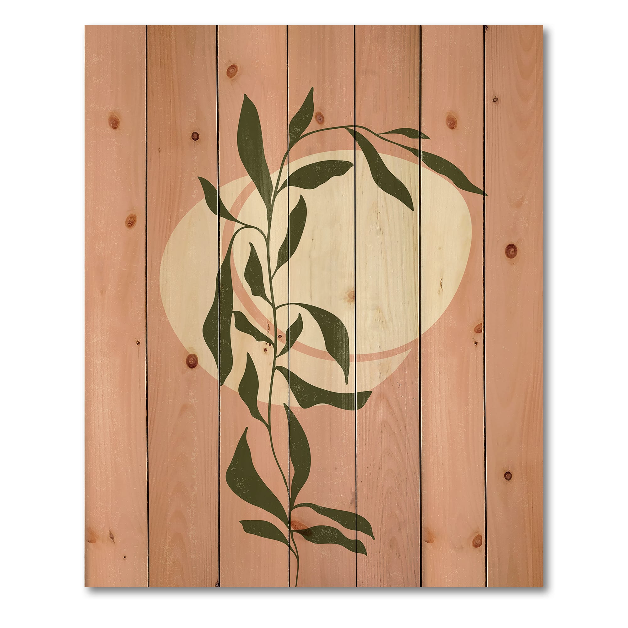 Designart - Abstract Geometrical Sun and Moon With Leaf VI - Modern Print on Natural Pine Wood