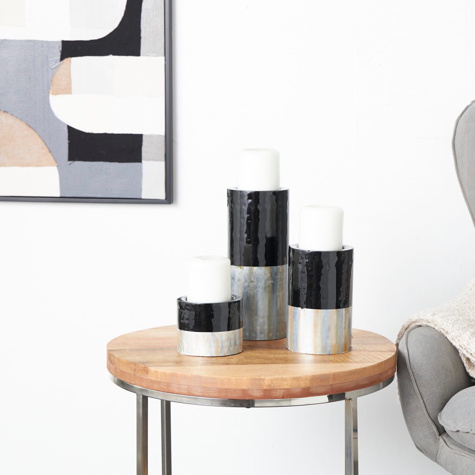 Black Metal Colorblock Candle Holder with Gold and Silver Streaks Set
