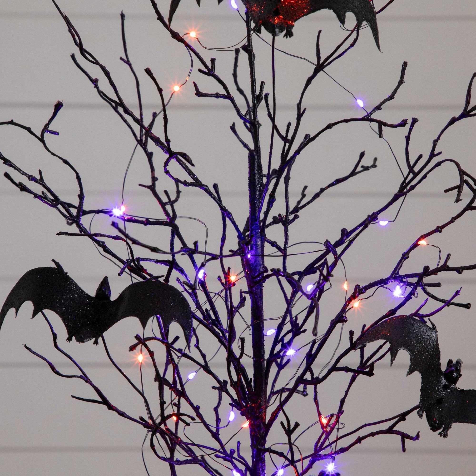 2ft. Pre-Lit Artificial Black Spooky Twig Tree with Bats and 40 Orange & Purple LED Lights