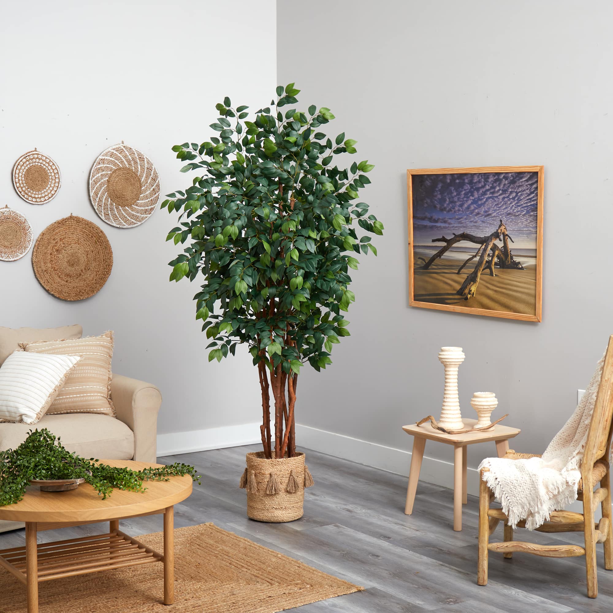 7ft. Sakaki Artificial Tree in Handmade Natural Jute Planter with Tassels