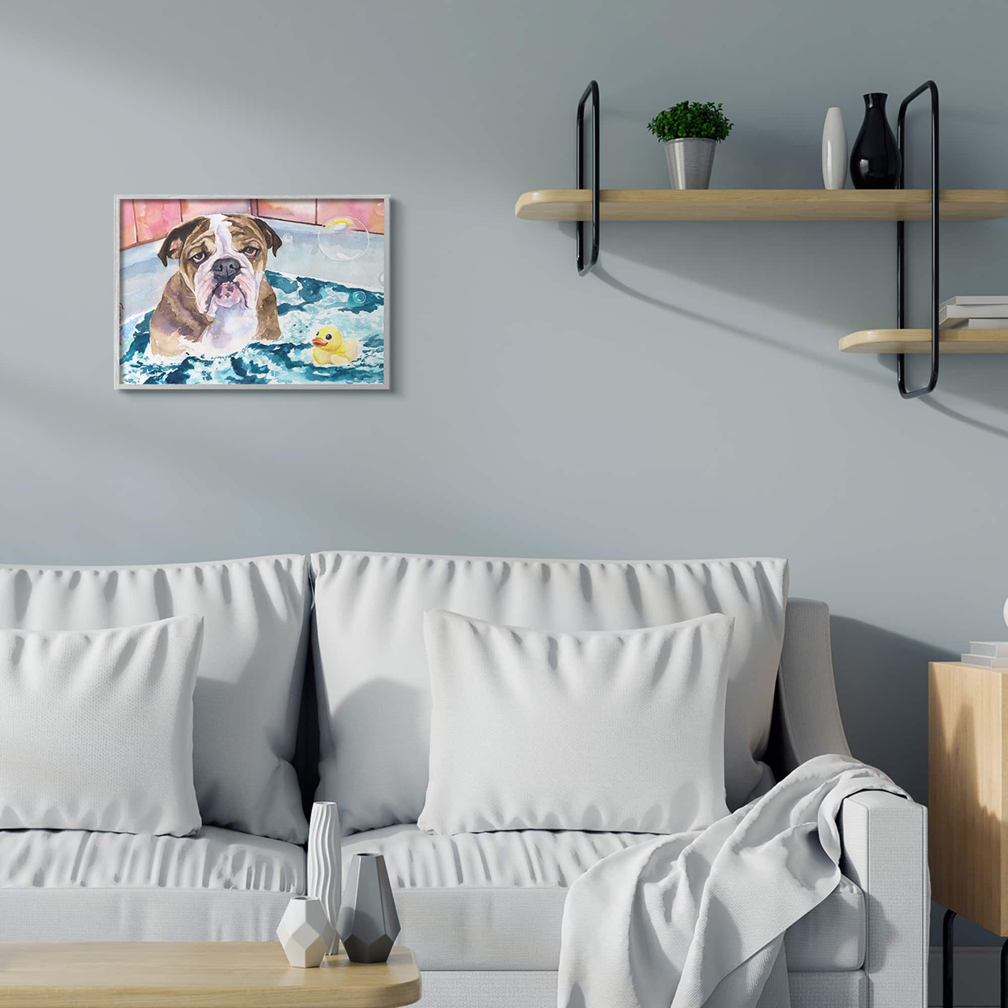 Stupell Industries English Bulldog In Bathtub Rubber Duck Bubbles Framed Wall Art