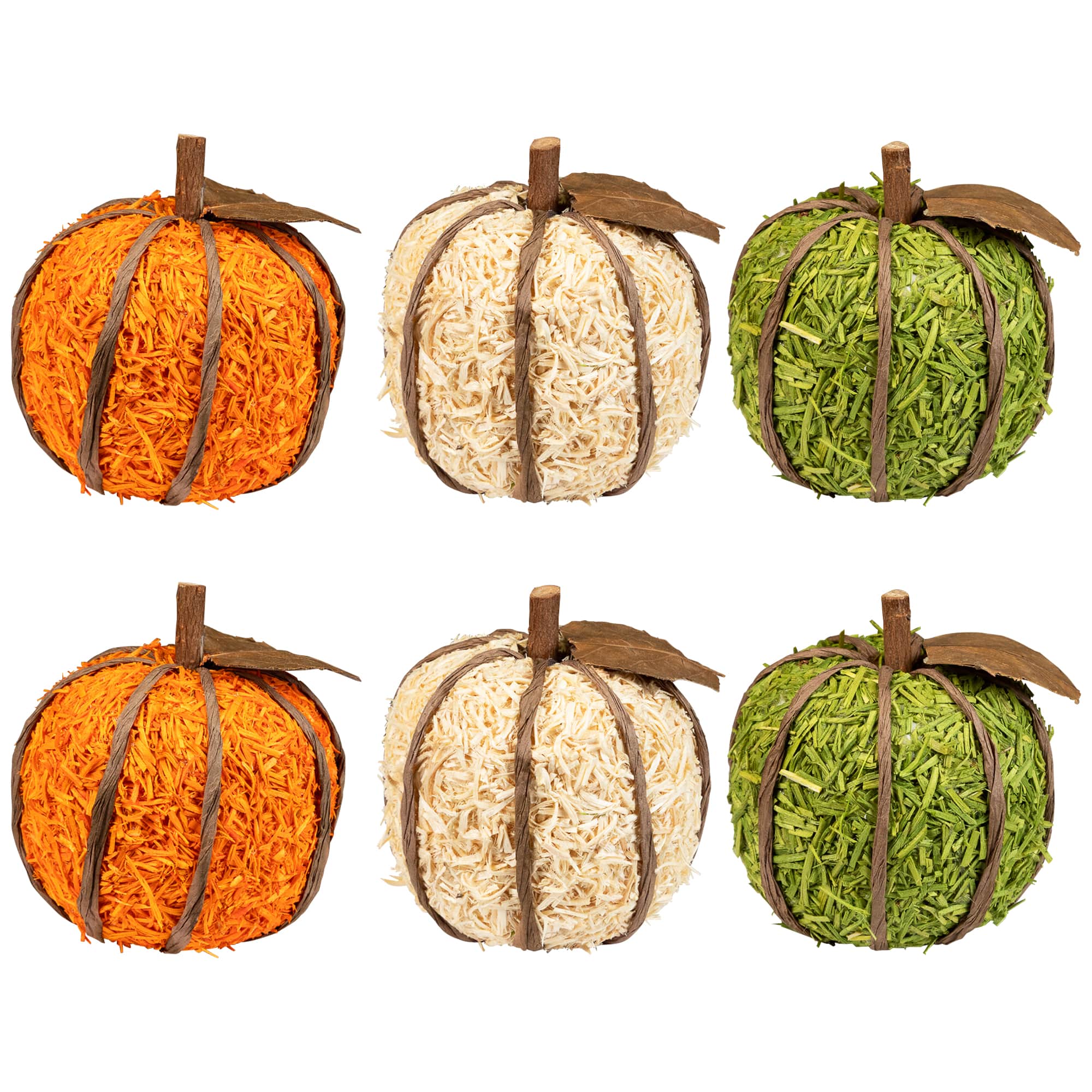35849196 Textured Shredded Wood Pumpkin Fall Harvest Decorations- 3.5 in. - Orange & Green - Set of 6
