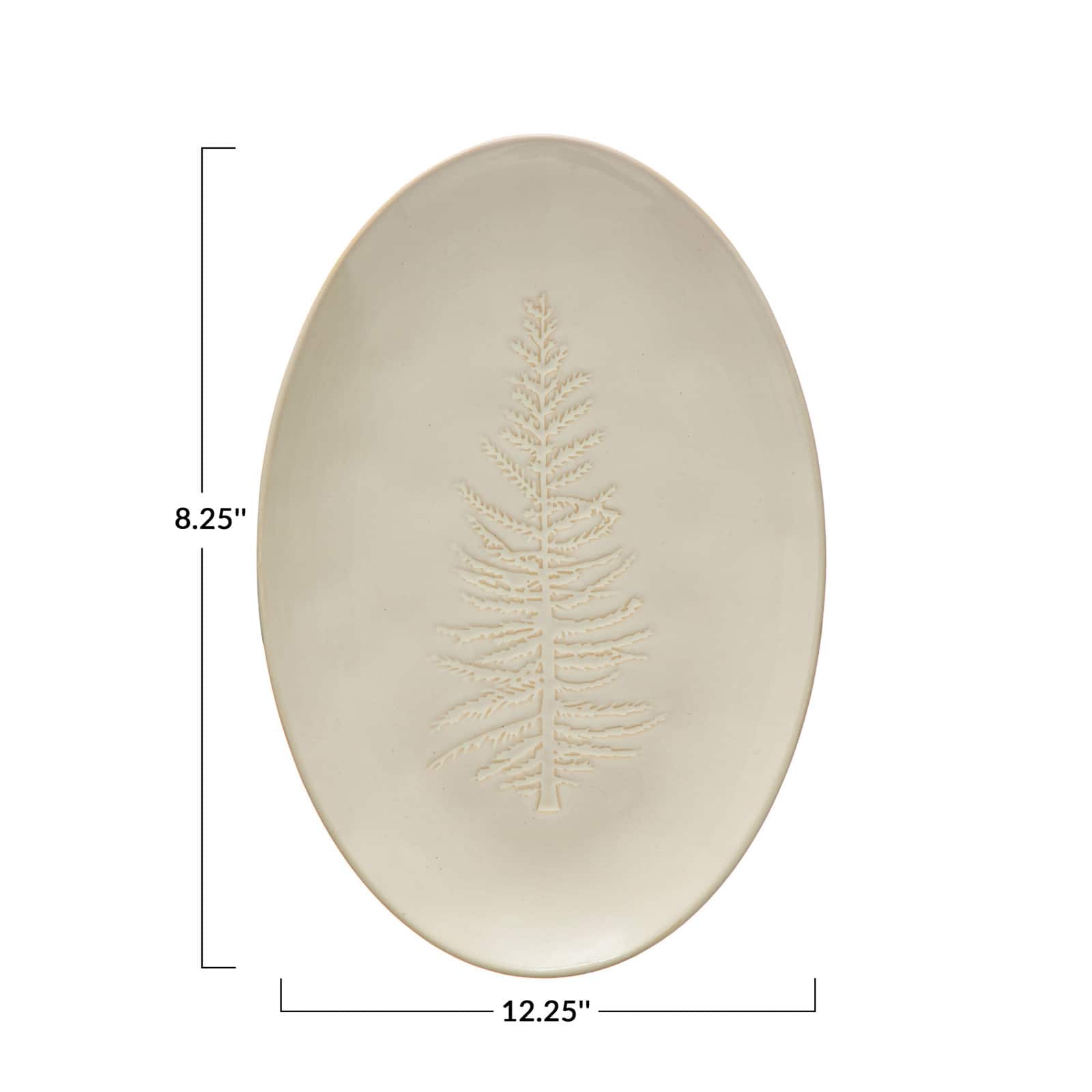 Hello Honey® 12" Wide White Oval Debossed Stoneware Platter with Tree Design