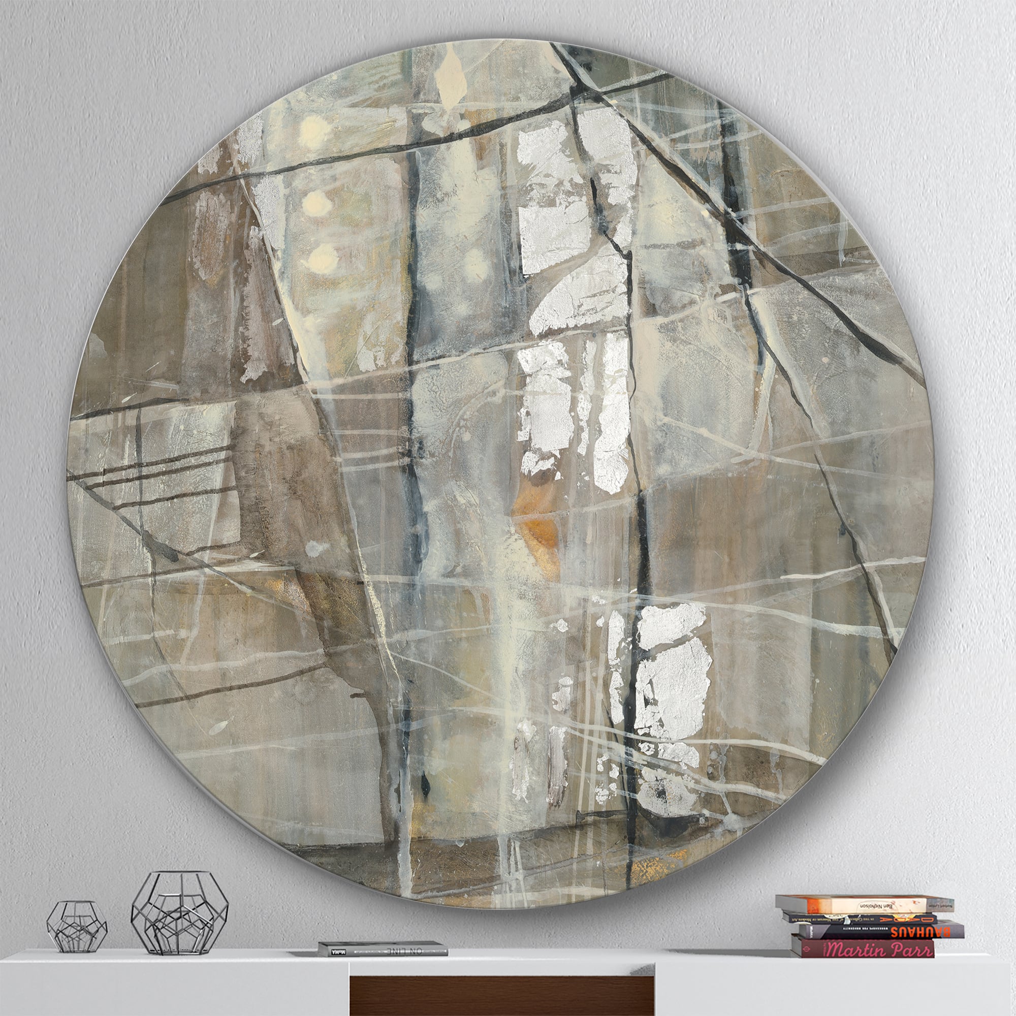 Designart - Grey Silver Geometric Composition - Geometric Metal Circle Wall Art