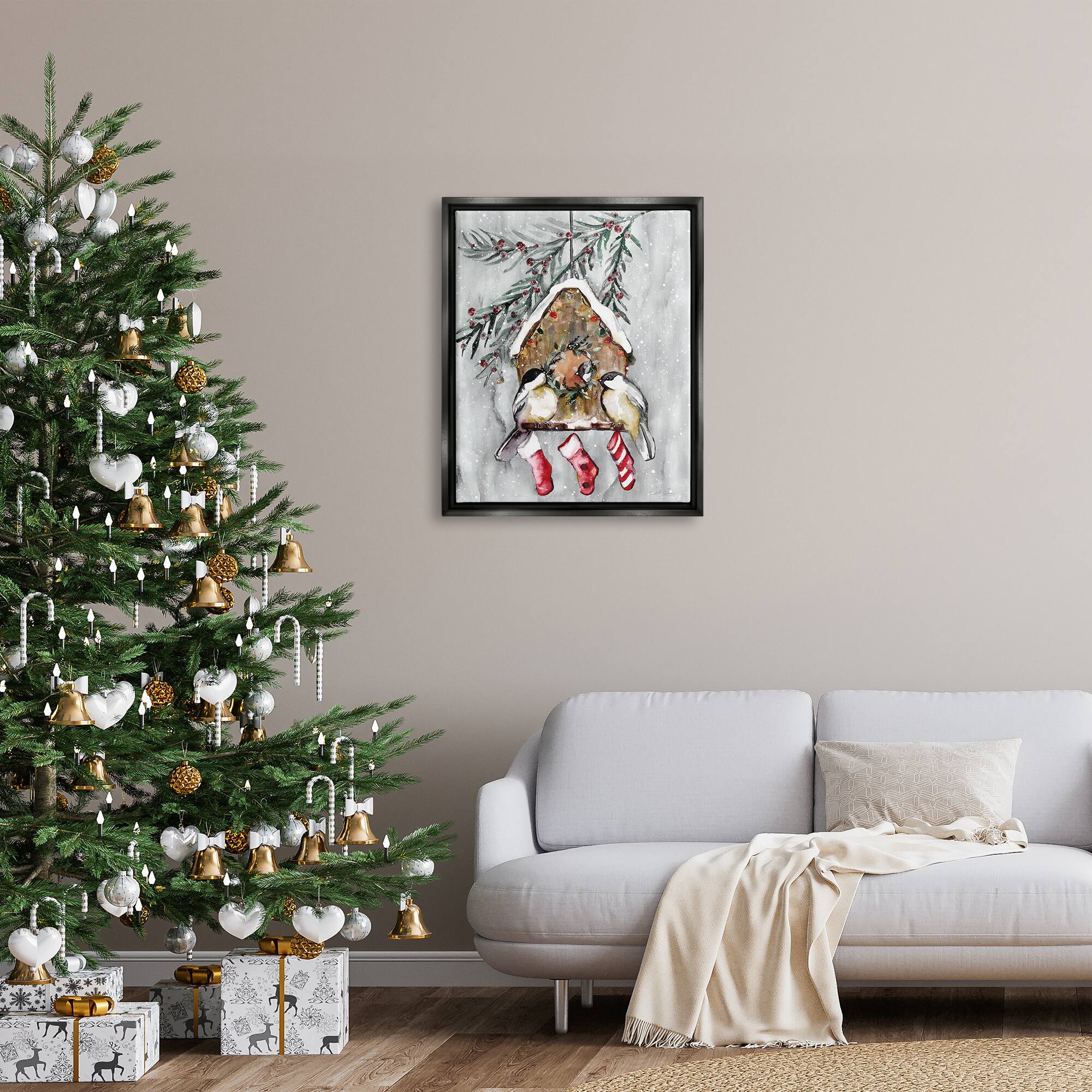 Stupell Industries Holiday Stockings Birdhouse Perched Framed Floater Canvas Wall Art