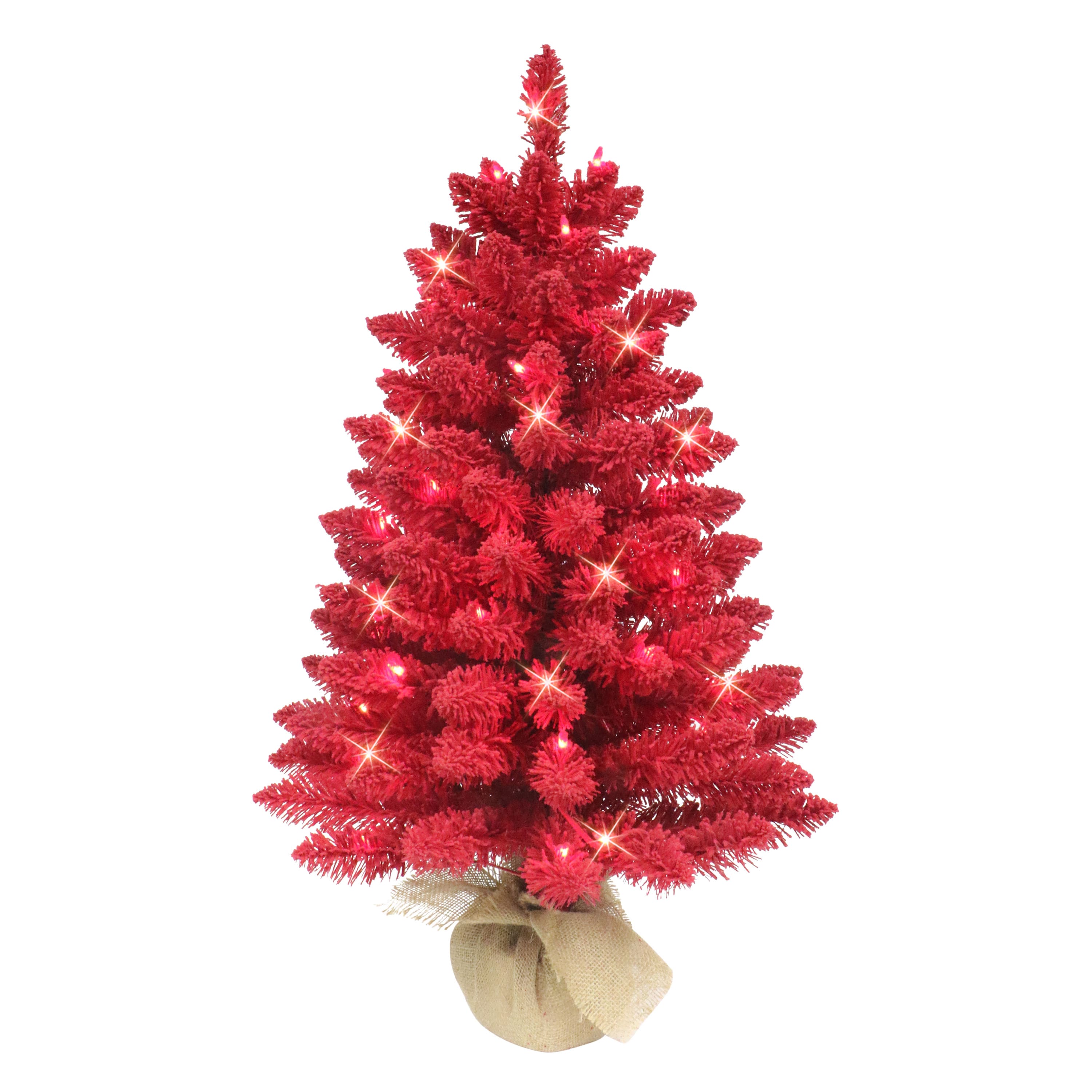 3ft. Pre-Lit Red Artificial Flocked Christmas Tree with Burlap Base, Clear Lights