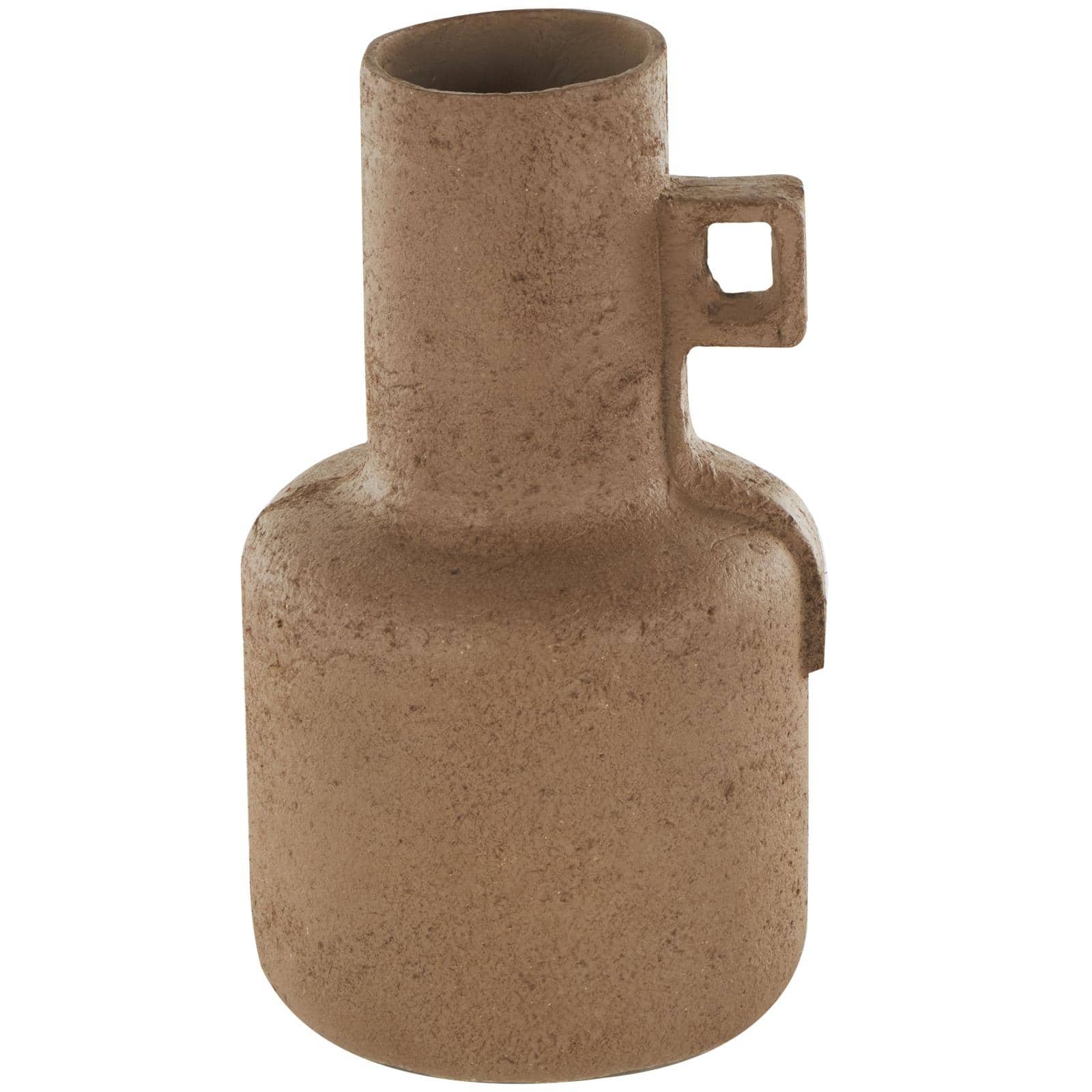 15.5" Brown Paper Mache Abstract Distressed Textured Vase with Geometric Handle