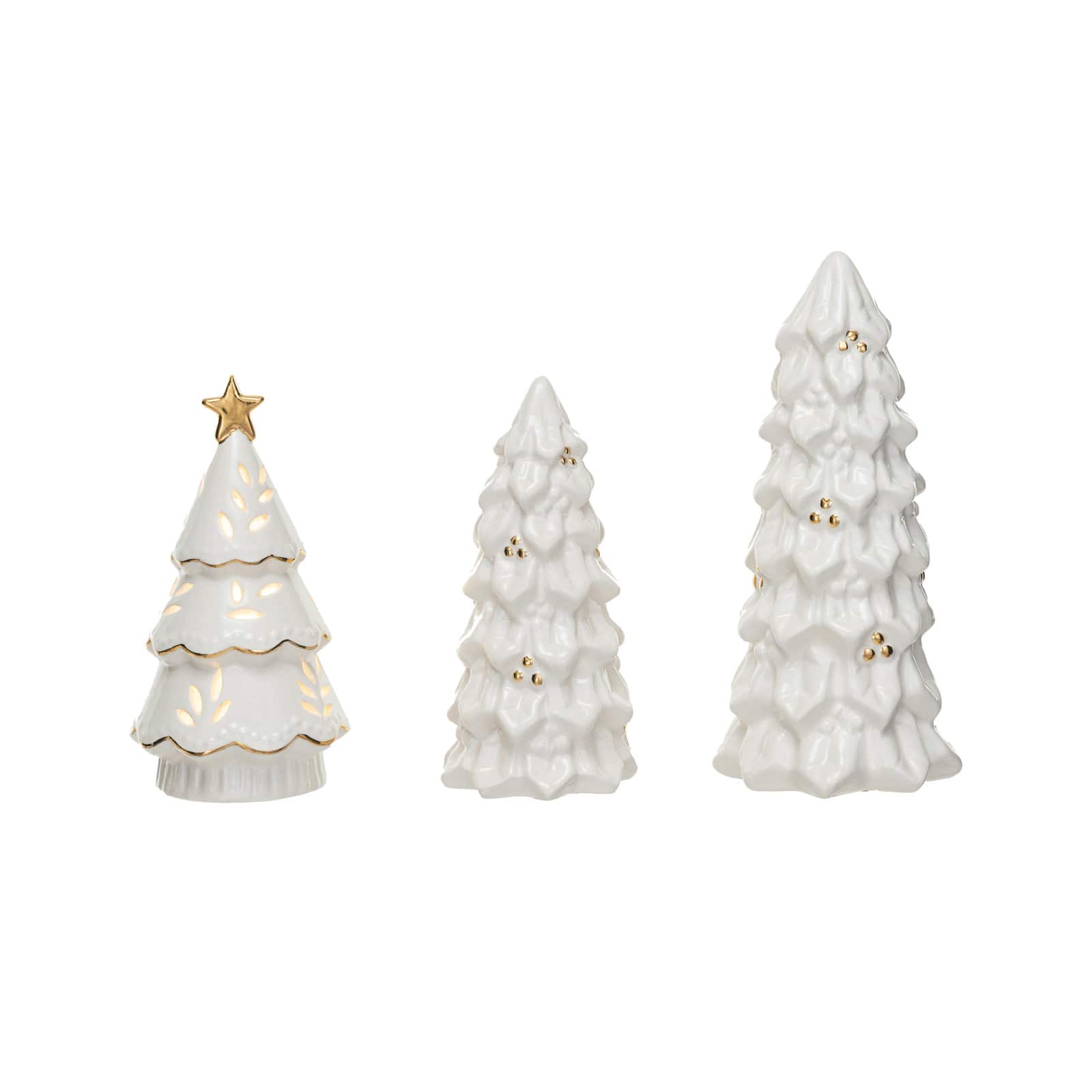 Hello Honey® Cream LED Stoneware Christmas Trees with Gold Electroplating Set