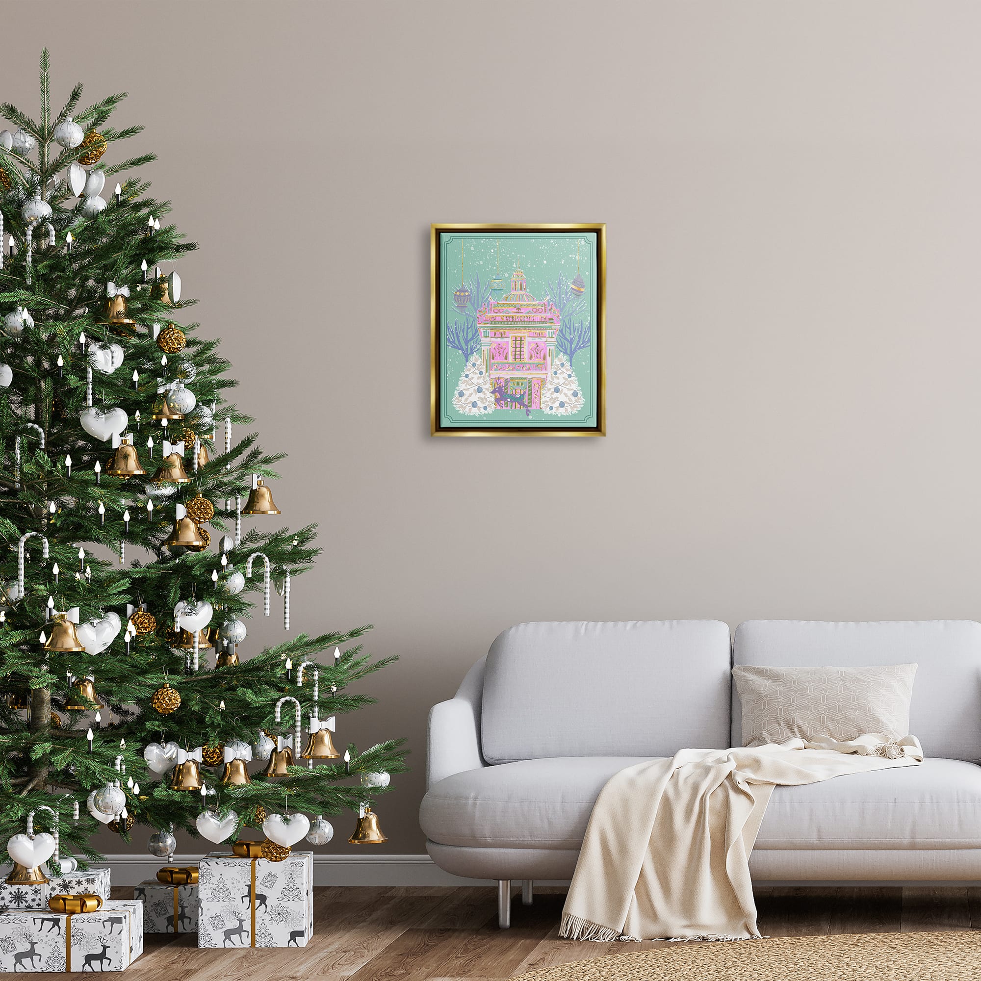 Stupell Industries Pink Ornate Christmas Building Gold Framed Floater Canvas Wall Art