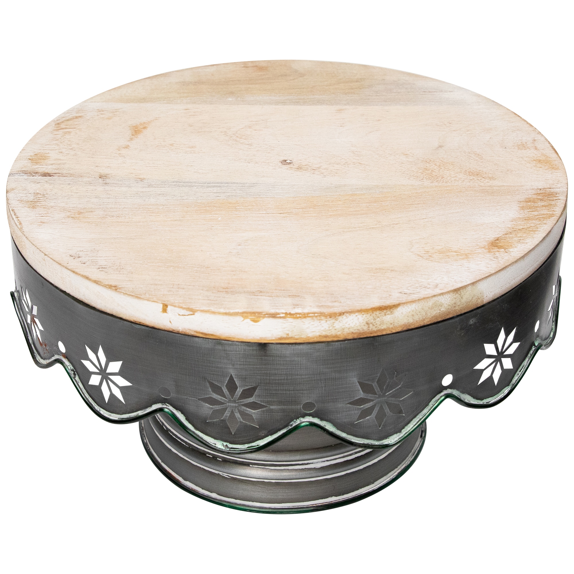 12" Laser-Cut Snowflake Distressed Iron & Wood Cake Stand
